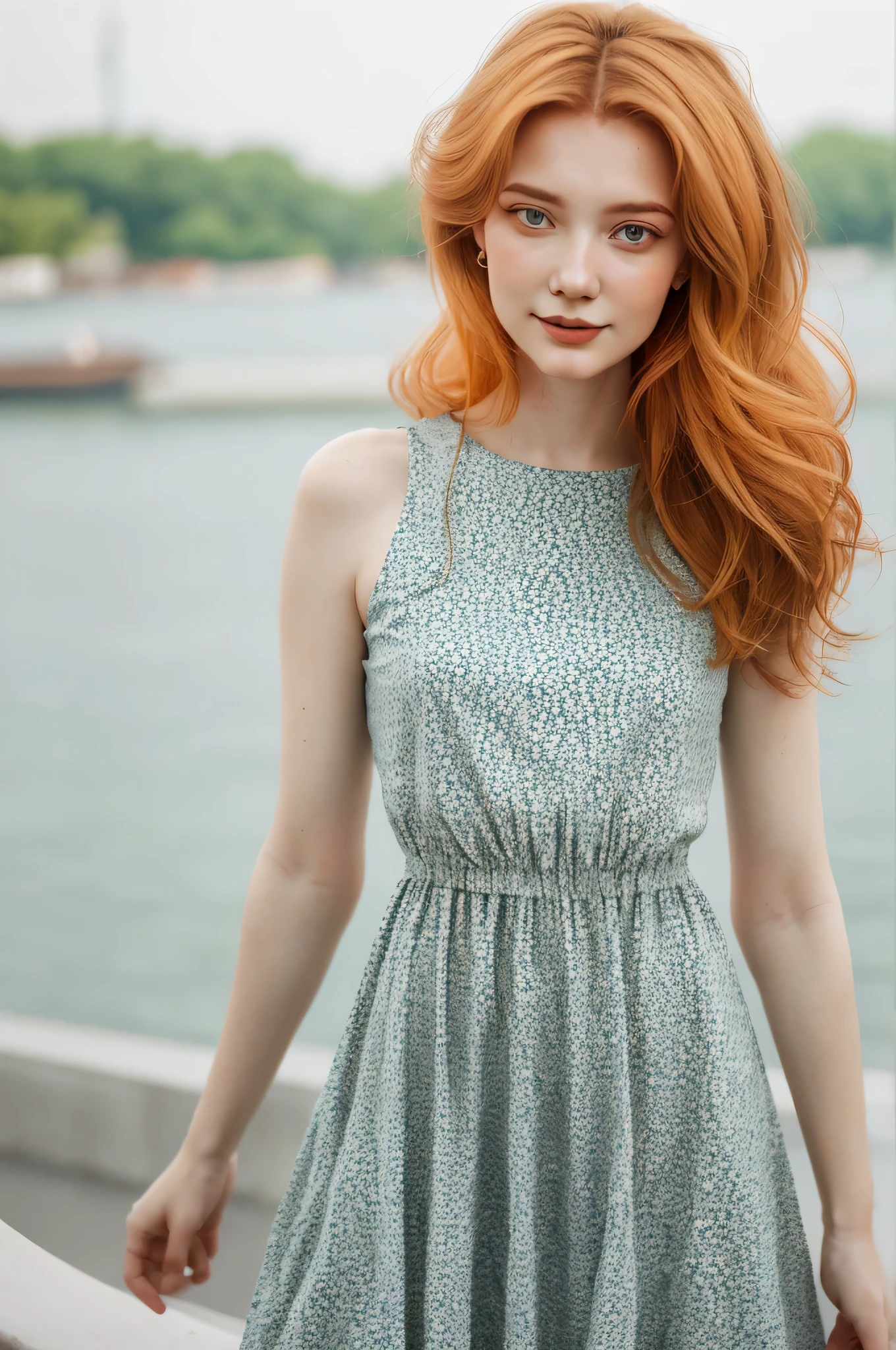 portrait photo of AnastasiaCebulska, focus on face, wearing a summer dress , her honey-orange color hair is styled as bob hair,