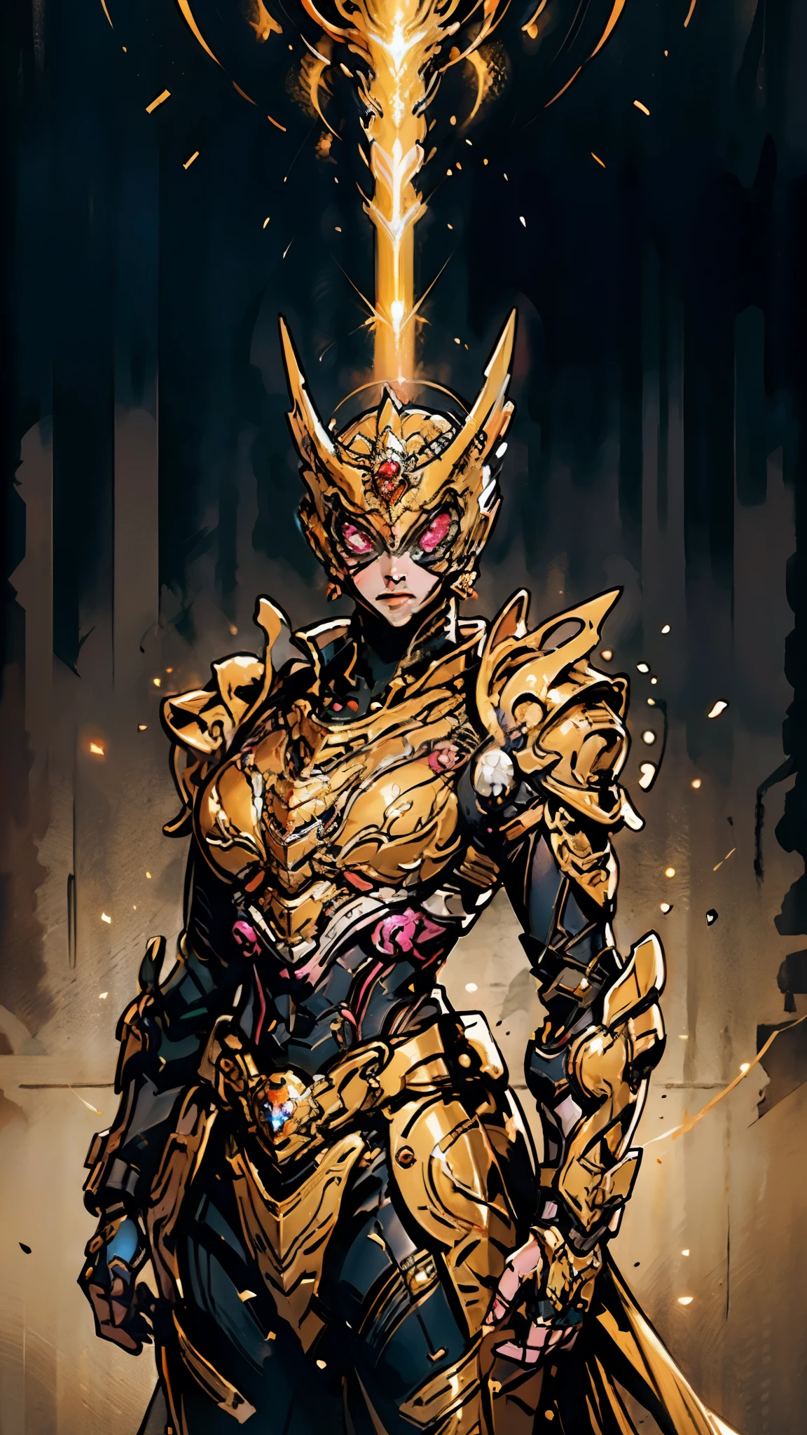 A woman adorned in fantasy-style full-body armor, a crown-concept fully enclosed helmet that unveils only her eyes, a composite layered chest plate, fully encompassing shoulder and hand guards, a lightweight waist armor, form-fitting shin guards, the overall design is heavy-duty yet flexible, ((the armor gleams with a golden glow, complemented by red and blue accents)), exhibiting a noble aura, she floats above a fantasy-surreal high-tech city, this character embodies a finely crafted fantasy-surreal style armored hero in anime style, exquisite and mature manga art style, (mixture of Queen bee and Spider concept Armor, plasma, energy), ((Element, elegant, goddess, femminine:1.5)), metallic, high definition, best quality, highres, ultra-detailed, ultra-fine painting, extremely delicate, professional, anatomically correct, symmetrical face, extremely detailed eyes and face, high quality eyes, creativity, RAW photo, UHD, 32k, Natural light, cinematic lighting, masterpiece-anatomy-perfect, masterpiece:1.5