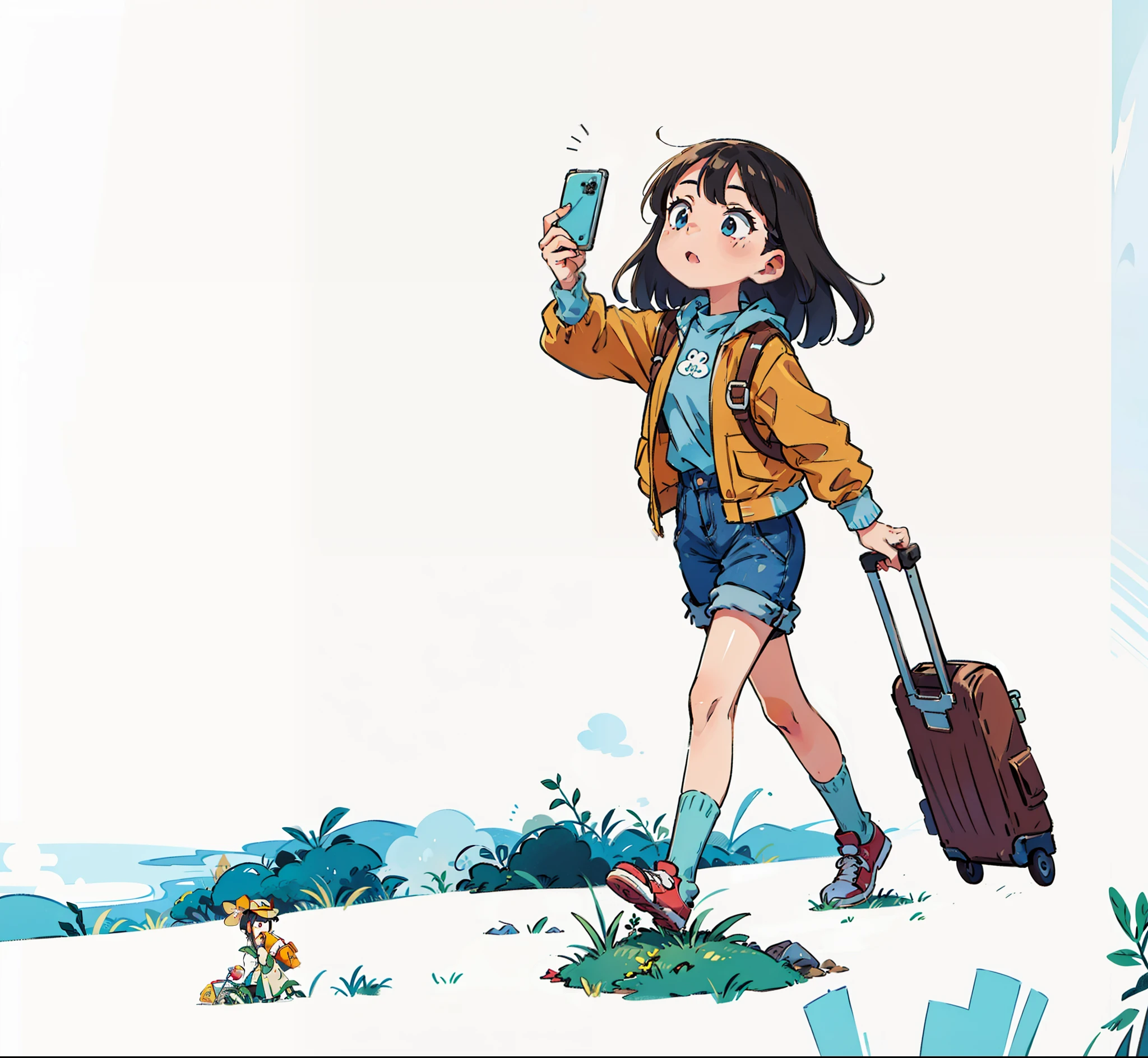 rural，grassland，girl taking a photo of herself holding a phone，Dragging suitcases，Wearing thick cotton clothes，Thick coat