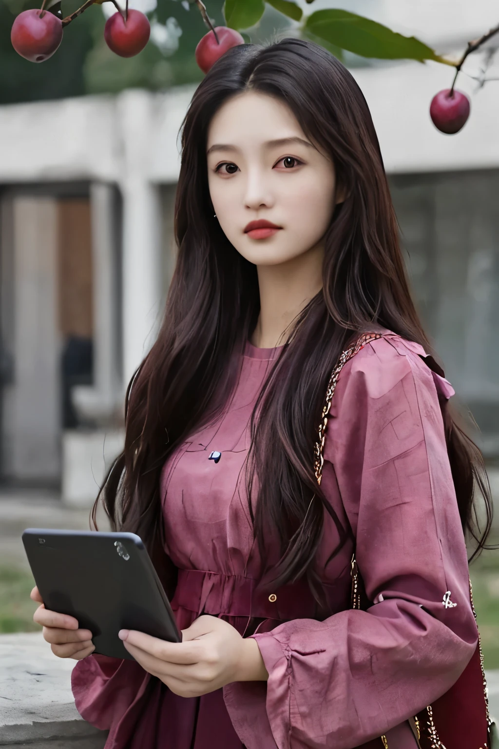 1 girl, Sweet plum, masterpiece, actual, Upper body, red clpis,long hair,technology
