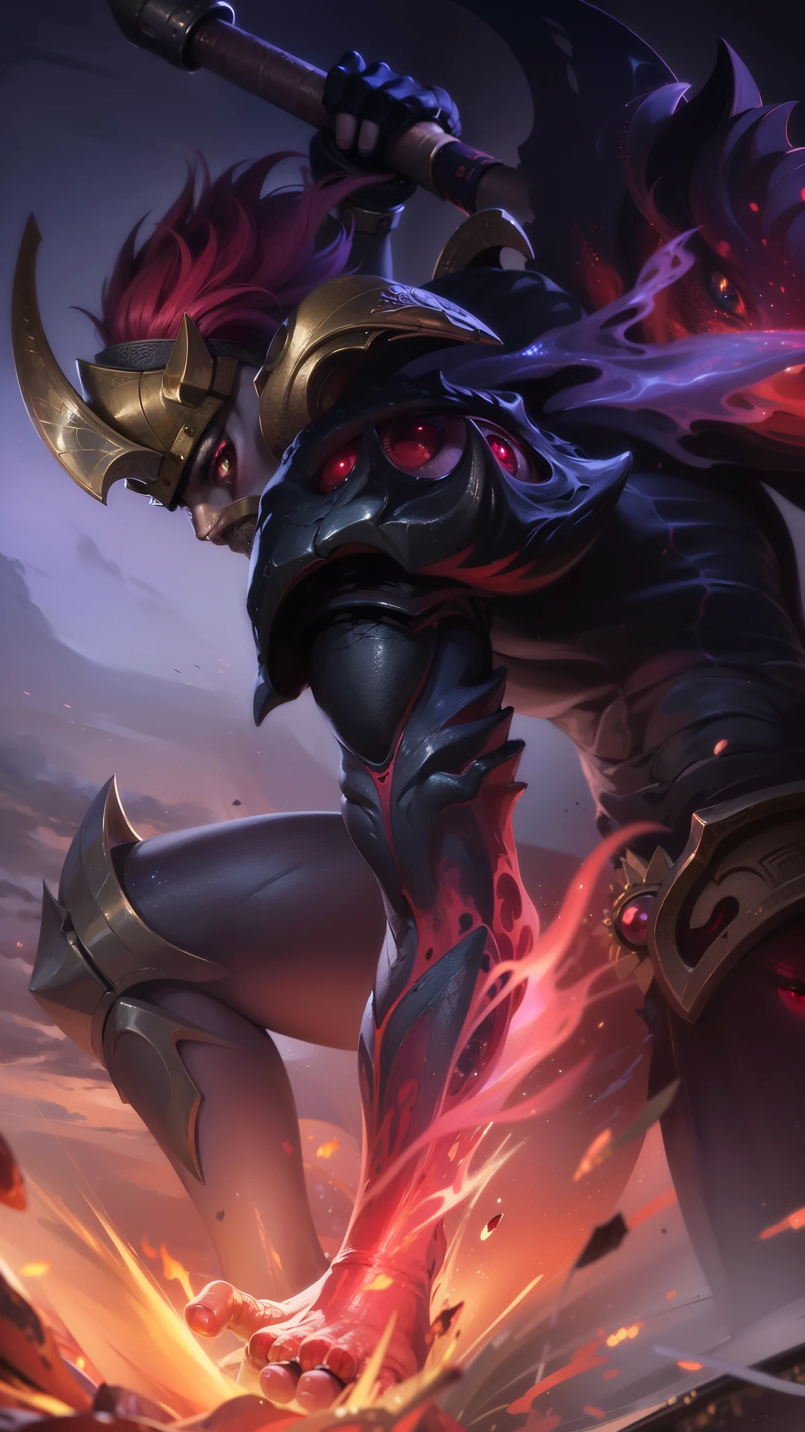 masterpiece, ((perfect eyes)) best quality, (semirealism:1.9), beautiful lighting, (extremely detailed CG unity 4k fhd wallpaper), High Detail, Sharp focus, dramatic outdoors, red short hair, a close up of a person with a sword and a fire, strong red eye glow (red eye:1.2)