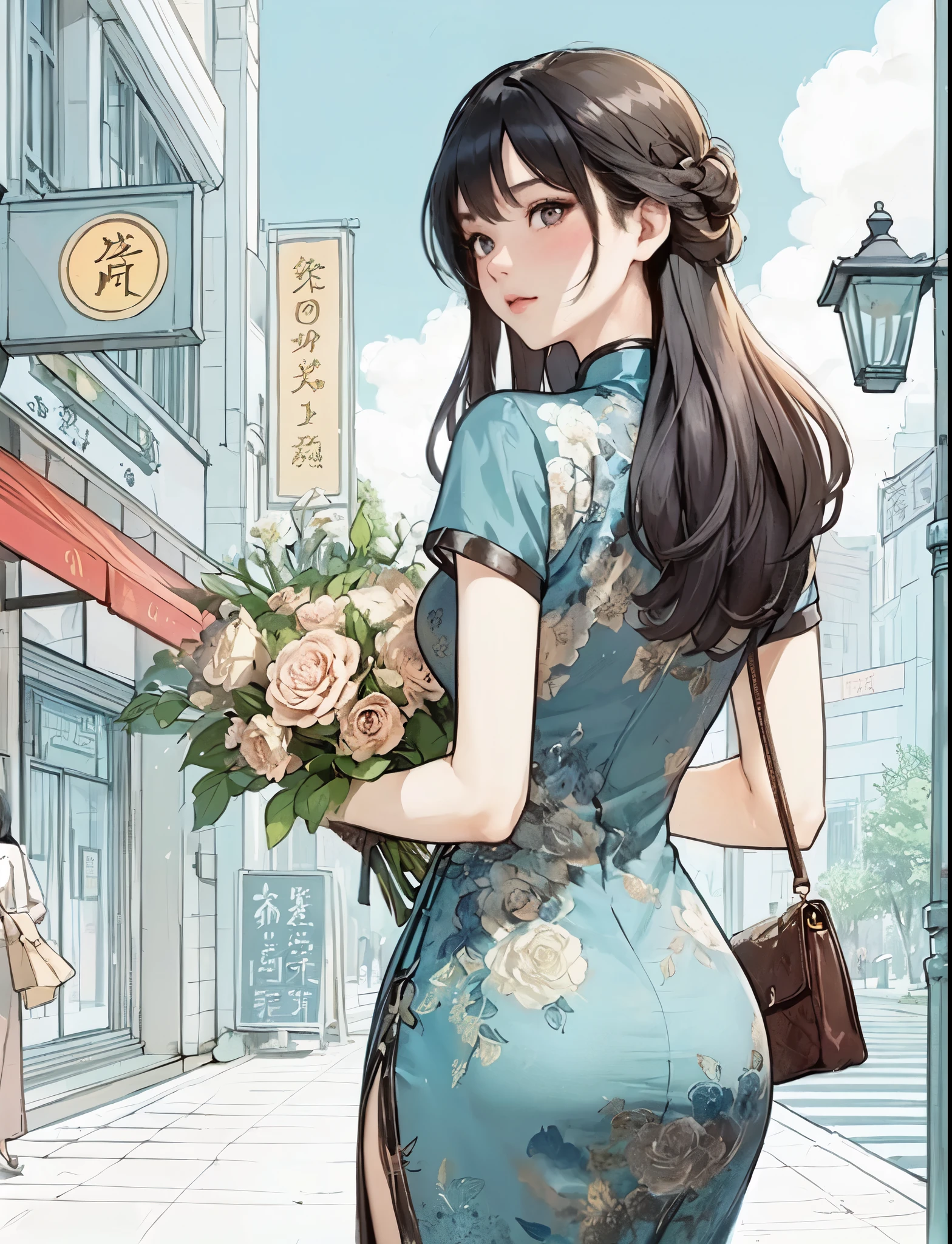 1lady solo, (looking back) (from behind), (strolling through city), (light blue cheongsam) stylish, mature female, /(black hair/) bangs, blush, (masterpiece best quality:1.2) delicate illustration ultra-detailed, large breasts BREAK (holding a designer's bag) (holding bouquet) BREAK (luxurious downtown street) outdoors, noon, crowded, detailed background