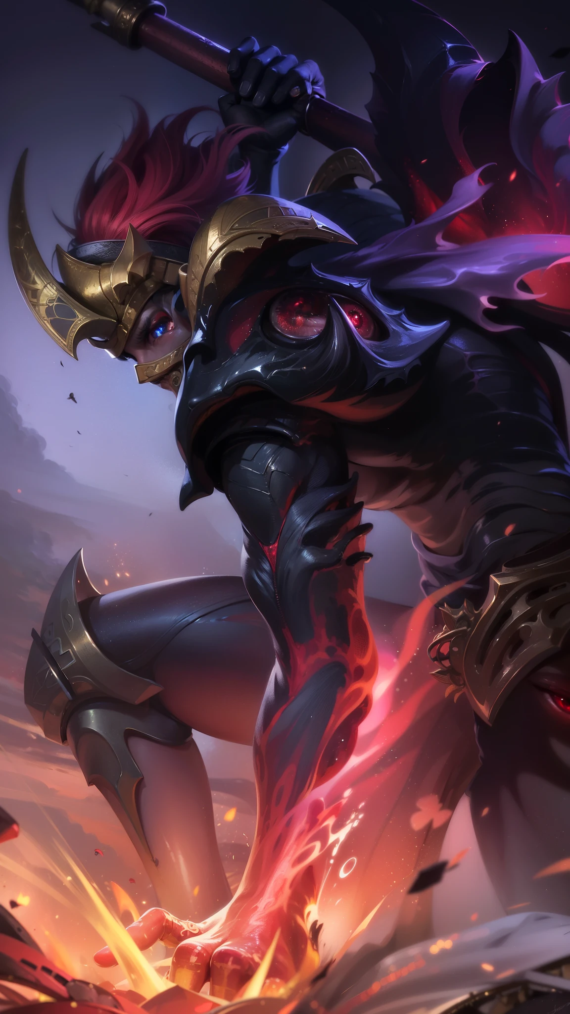 masterpiece, ((perfect eyes)) best quality, (semirealism:1.9), beautiful lighting, (extremely detailed CG unity 4k fhd wallpaper), High Detail, Sharp focus, dramatic outdoors, red short hair, a close up of a person with a sword and a fire, strong red eye glow (red eye:1.2)