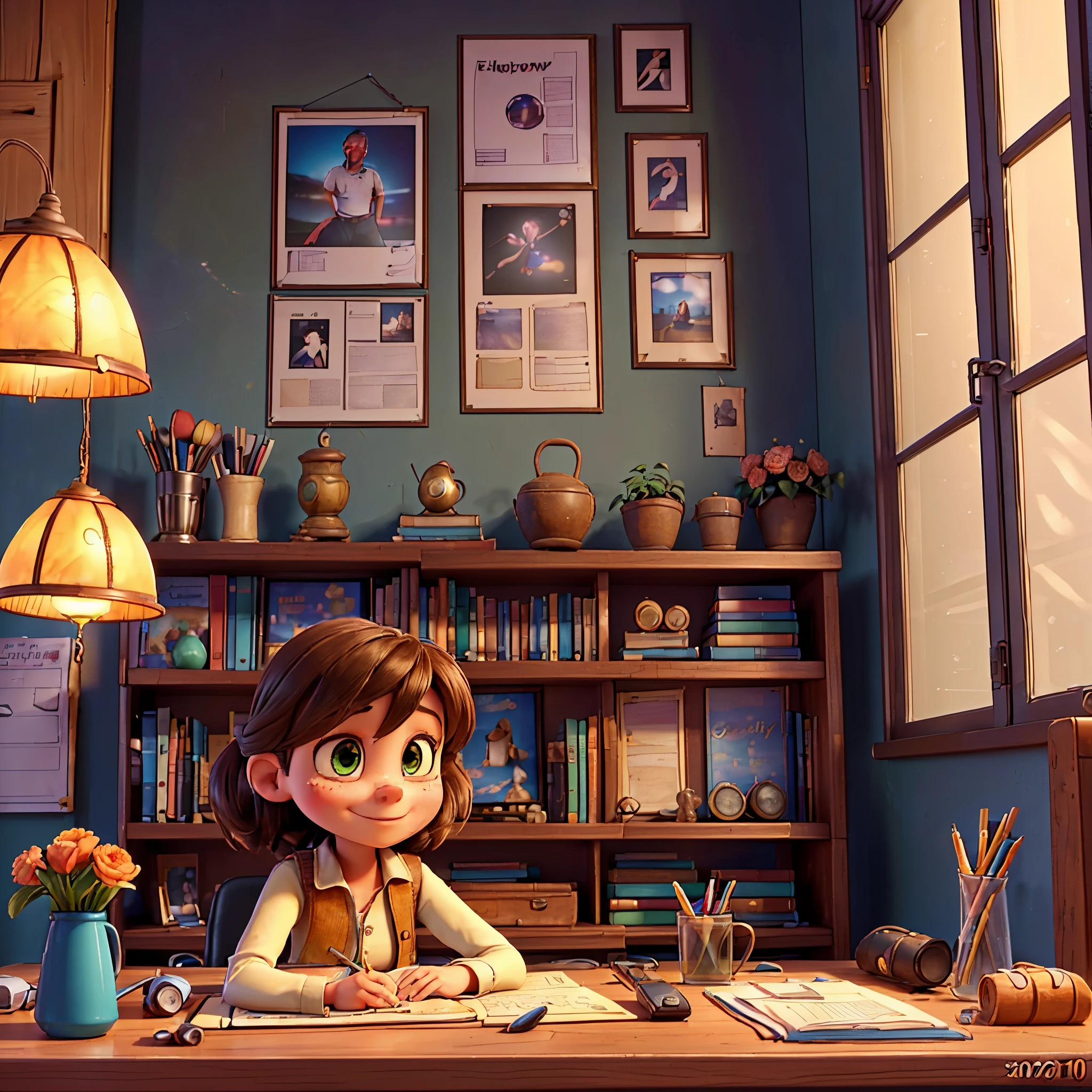 (epic Masterpiece, ultra highest quality, ulra highest resolution, ulra high-definition, distinct_image, very elaborate CG, cinematic lighting, ray tracing, drop shadows, detailed detail, (photorealistic: 1.4), ultra high quality textures, fine-grained, realistic face expression): (lone girl, face is Japan, brown short hair, small size breasts, sparkling eyes, Eye level shot, happy smile, beauty, slim body, holiday, own room, console game, computer, display, keyboard, mouse, long leather skirt, collared shirt, leather vest, handgun holder, carrying leather bag on your back, long boots, antique radio, coffee, model train, bookshelf, spacious yellowchair, Pots, fans, paintings, stuffed animals, ties, notebooks, stationery, vases, photo frames, letters, fountain pens, calendars, lamps, cushions, baskets, mirrors reflecting in profile, candles, telephone, fruit, newspapers, sweets, city Eiffel view outside the window), Pendulum clock frog varied multi etc. --v6 --s1000 --c20 --q5 --chaos100