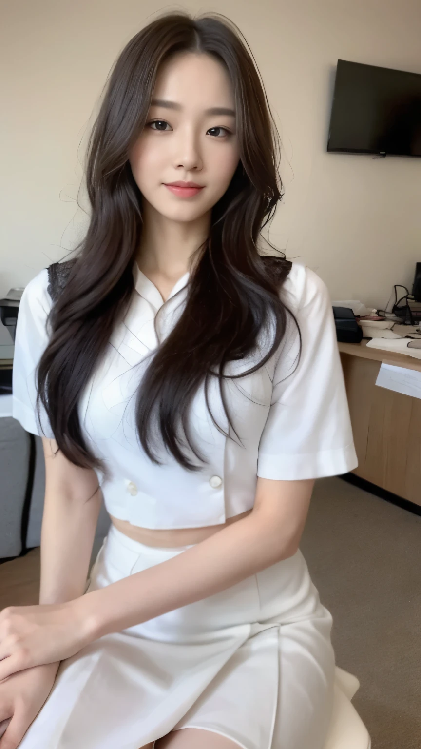 ((top-quality、8k、masterpiece:1.3))、Beautiful woman with perfect body:1.4、slim abdomen:1.2、Longhair, normal breast, Highly detailed facial and skin texture, A detailed eye, delicate eyes, double eyelid, (smile), (full body shot), ((office 1.1)), (sitting on chair), (((wearing white uniform)), looking in front