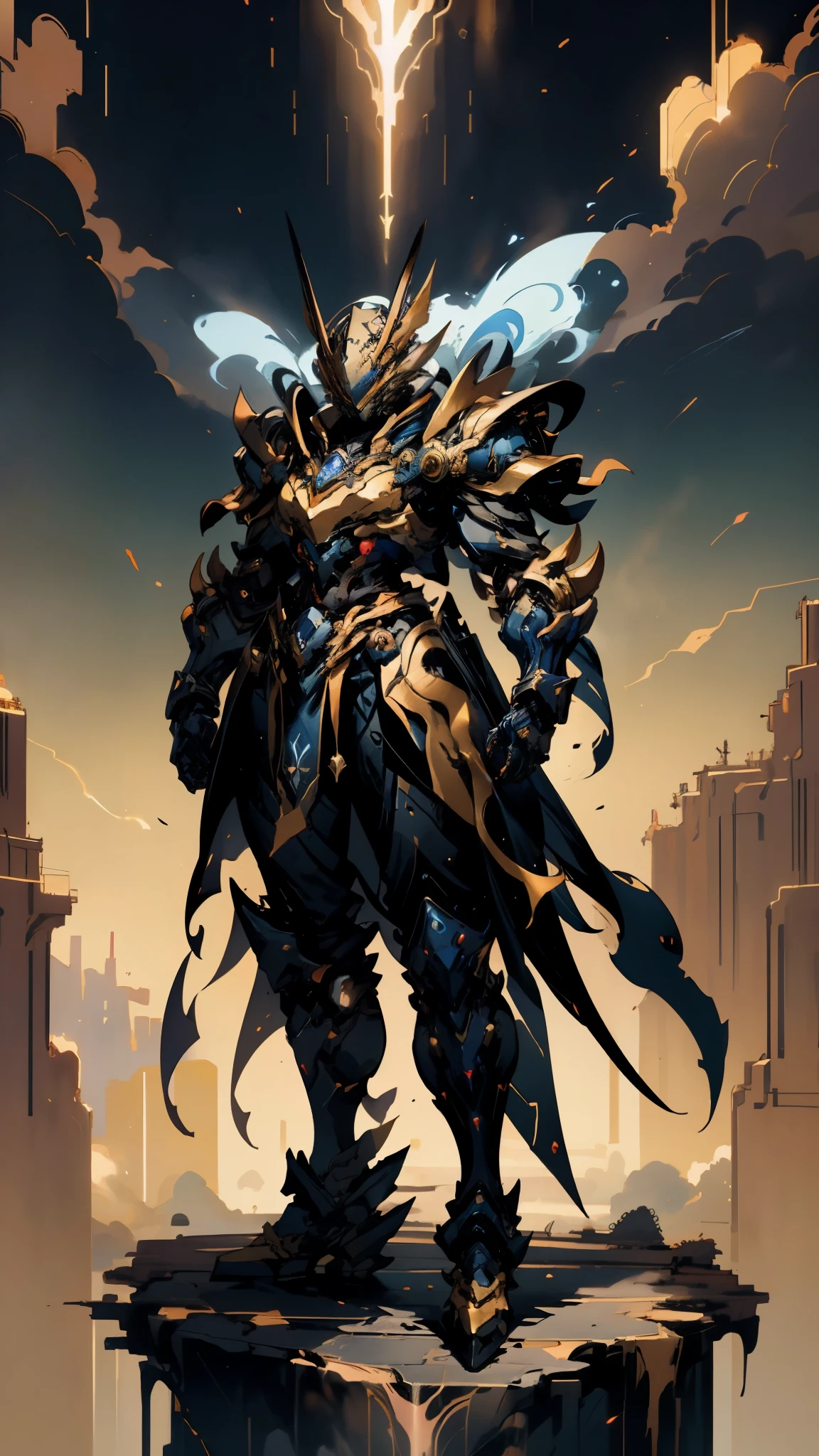 A woman adorned in fantasy-style full-body armor, a crown-concept fully enclosed helmet that unveils only her eyes, a composite layered chest plate, fully encompassing shoulder and hand guards, a lightweight waist armor, form-fitting shin guards, the overall design is heavy-duty yet flexible, ((the armor gleams with a golden glow, complemented by red and blue accents)), exhibiting a noble aura, she floats above a fantasy-surreal high-tech city, this character embodies a finely crafted fantasy-surreal style armored hero in anime style, exquisite and mature manga art style, (mixture of Queen bee and Spider concept Armor, plasma, energy), ((Element, elegant, goddess, femminine:1.5)), metallic, high definition, best quality, highres, ultra-detailed, ultra-fine painting, extremely delicate, professional, anatomically correct, symmetrical face, extremely detailed eyes and face, high quality eyes, creativity, RAW photo, UHD, 32k, Natural light, cinematic lighting, masterpiece-anatomy-perfect, masterpiece:1.5