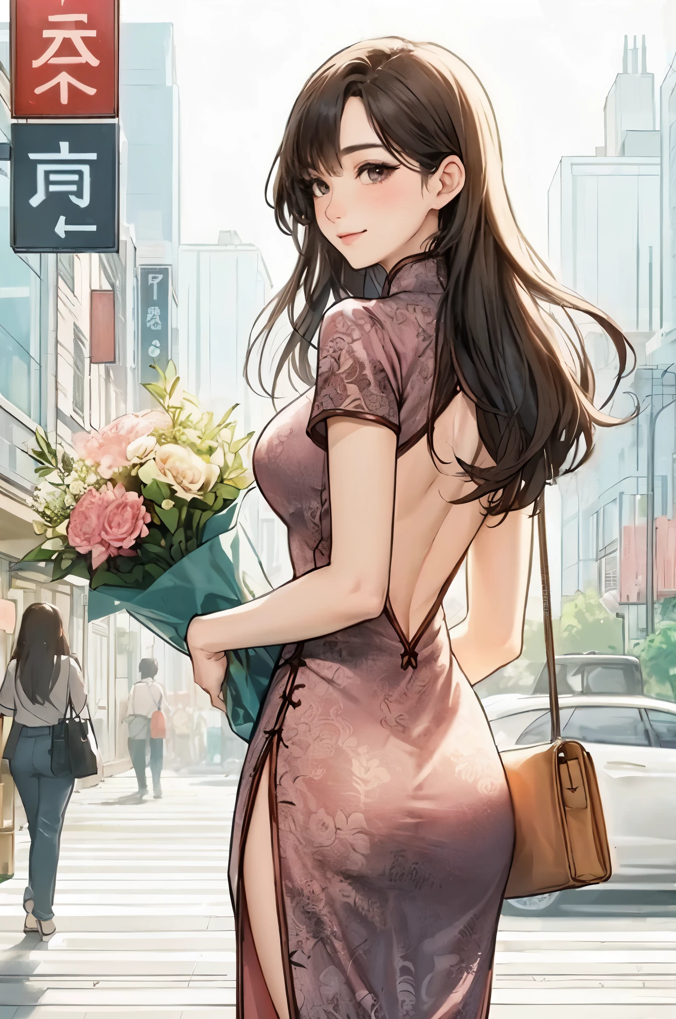 1lady solo, (looking back) (from behind), (strolling through city), (light pink cheongsam) stylish, mature female, /(dark brown hair/) bangs, blush light smile, (masterpiece best quality:1.2) delicate illustration ultra-detailed, large breasts BREAK (holding a designer's bag) (holding bouquet) BREAK (luxurious downtown street) outdoors, noon, crowded, detailed background