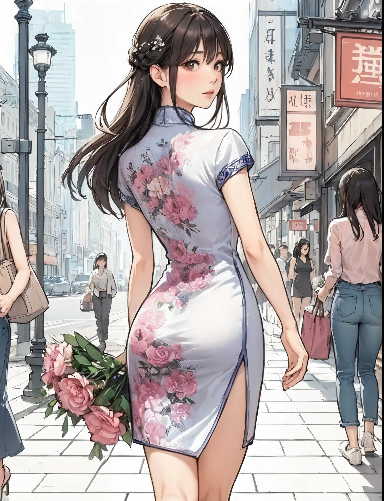 1lady solo, (looking back) (from behind), (strolling through city), (white cheongsam) stylish, mature female, /(black hair/) bangs, blush, (masterpiece best quality:1.2) delicate illustration ultra-detailed, large breasts BREAK (holding bouquet) BREAK (luxurious downtown street) outdoors, noon, crowded, detailed background
