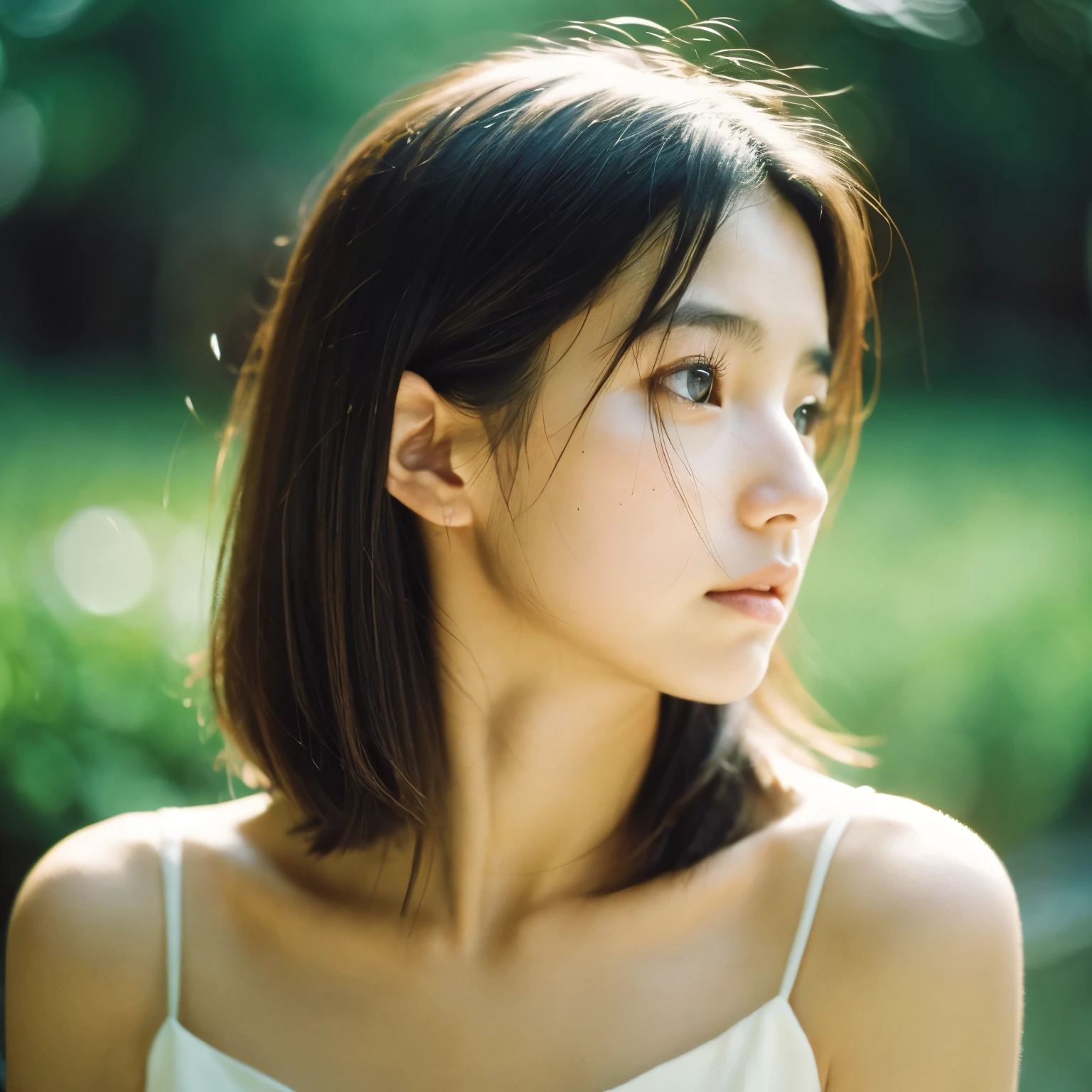 film portrait photography, 1 girl, bare shoulders, Wavy shoulder-length hair, calm, Calm, (realistic detailed eyes, natural skin texture, realistic facial details), soft and dramatic lighting, Depth of the bounds written, Bokeh, vivid details, finely, surreal, 35mm film, hazy blur, movie,