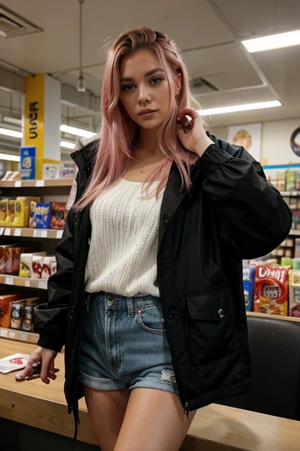 photo of a young brunette beatiful blonde shiny pink hair woman taken at a convenience store during the day , she giving different poses, wearing black coat jacket low quality image, exhibiting a grainy texture, jpg artifacts, film grain, gritty, raw aesthetic, 80's store, wide angle, far look camera