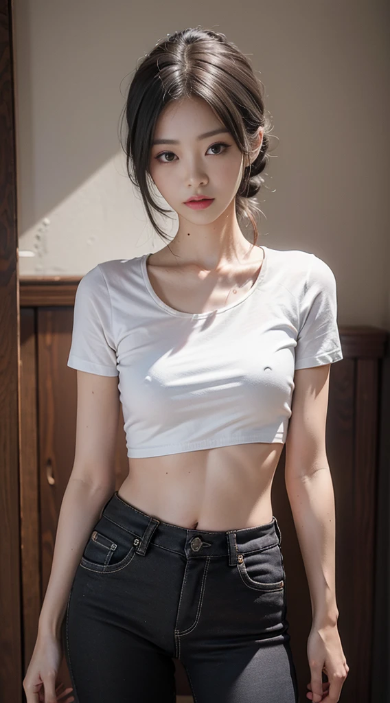 ((top quality、8k、 photorealistic、RAW photo、 ​Masterpiece:1.3)), whole body女恋, long legs, sharp focus:1.2, Beautiful woman with perfect body:1.6, posing for photo, whole body, Paired with a short T-shirt, OK, black cropped pants, slim, small bust, sweaty body, wet, slim的女孩模型, 24 year old female model, 