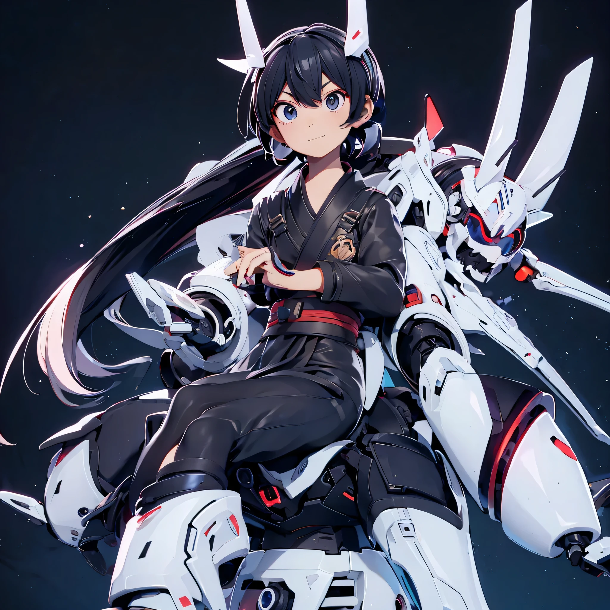 anime art style of a boy wearing a black kimono and a katana on his back along with sunglasses, sitting at the table talking to a girl in a white kimono and robotic body