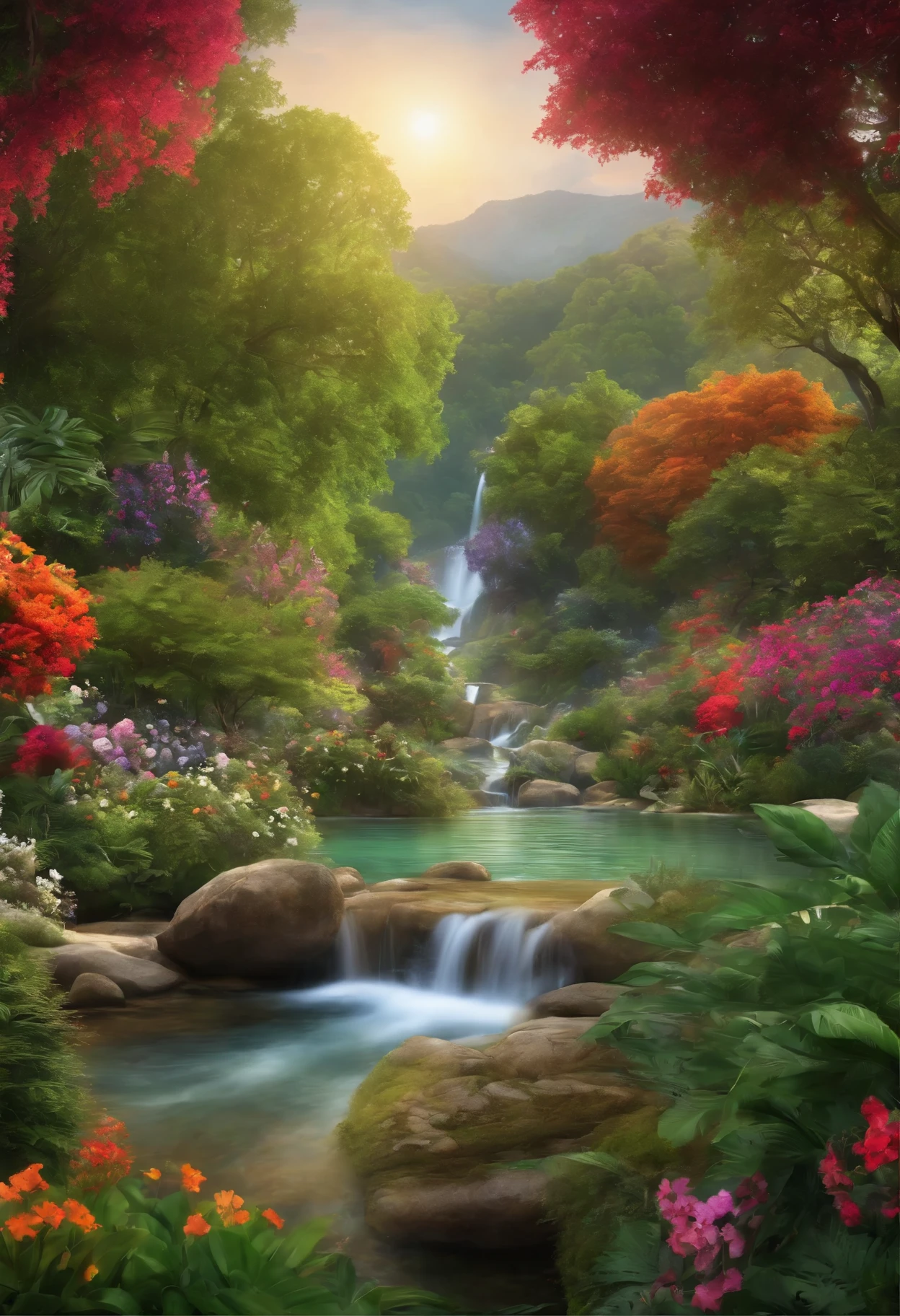 Create a lush, vibrant image of the Garden of Eden, with vivid colors and fine details that capture the beauty and serenity of the environment. Highlight the leafy trees, stunning flowers and crystal clear streams that gently flow through the setting.