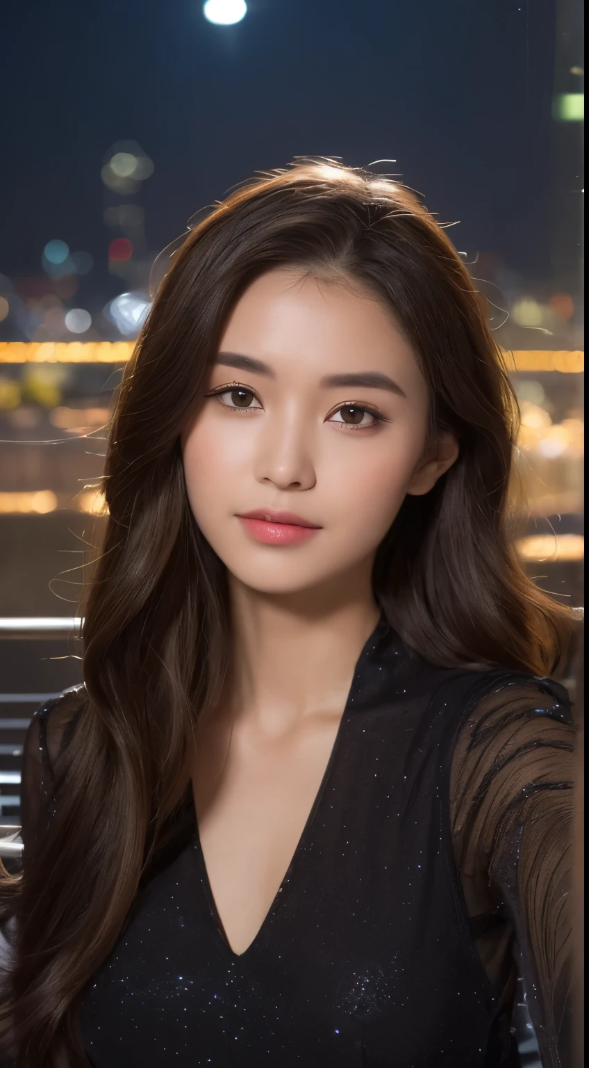 ((better quality, 8k, masterpiece: 1,3)), Selfie, sharp focus: 1,2, lovely beauty,Perfect body: 1,4, plump esbelto: 1.6, ((dark brown hair, plump: 1,2)) , (small transparent dress, sow, highly detailed breasts, express happiness, stand: 1,2), ((Rainy city night view, Simple balcony: 1,3 Let women be the center of attention)), Highly detailed facial and skin textures, delicate eyes, double eyelids