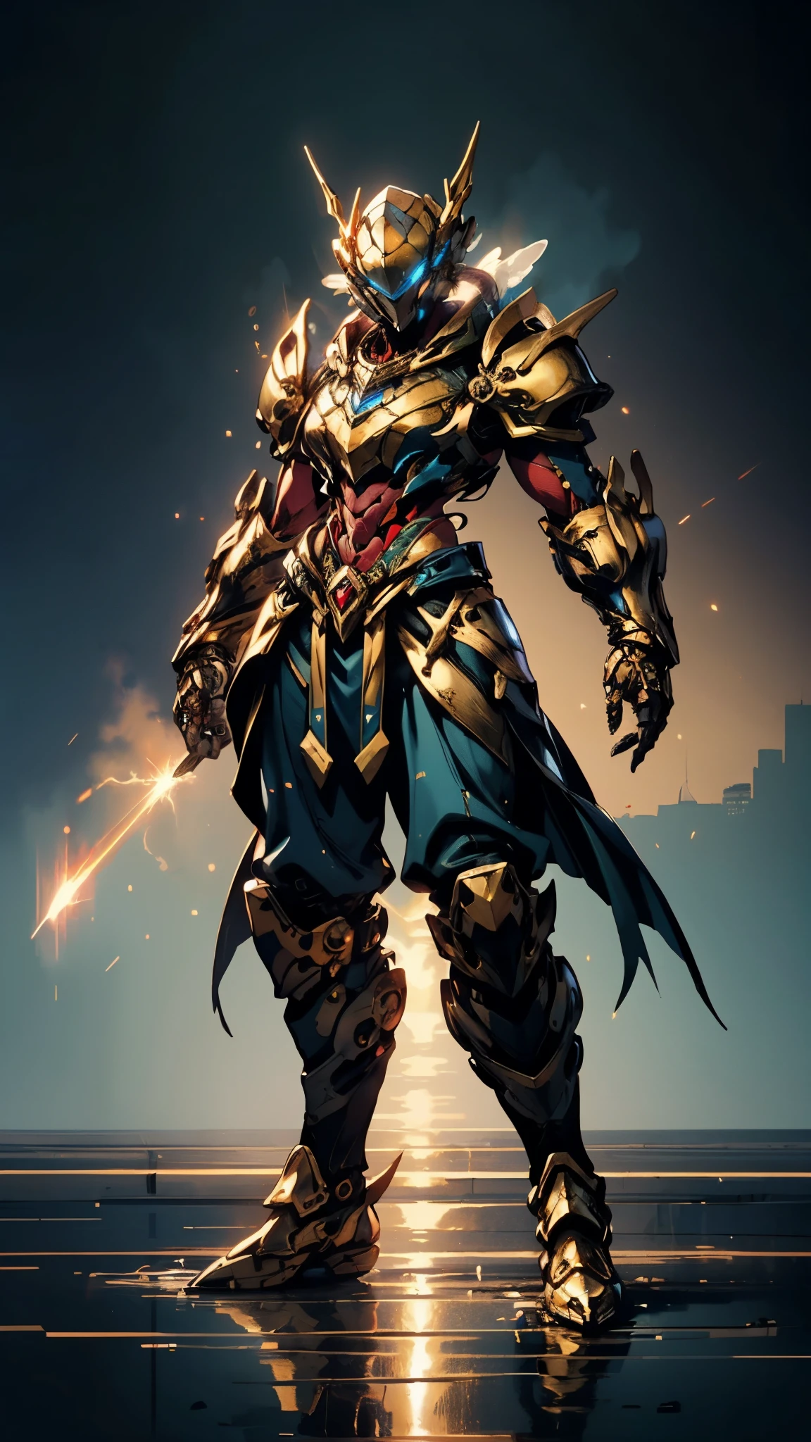 A woman adorned in fantasy-style full-body armor, a crown-concept fully enclosed helmet that unveils only her eyes, a composite layered chest plate, fully encompassing shoulder and hand guards, a lightweight waist armor, form-fitting shin guards, the overall design is heavy-duty yet flexible, ((the armor gleams with a golden glow, complemented by red and blue accents)), exhibiting a noble aura, she floats above a fantasy-surreal high-tech city, this character embodies a finely crafted fantasy-surreal style armored hero in anime style, exquisite and mature manga art style, (mixture of Queen bee and Spider concept Armor, plasma, energy), ((Element, elegant, goddess, femminine:1.5)), metallic, high definition, best quality, highres, ultra-detailed, ultra-fine painting, extremely delicate, professional, anatomically correct, symmetrical face, extremely detailed eyes and face, high quality eyes, creativity, RAW photo, UHD, 32k, Natural light, cinematic lighting, masterpiece-anatomy-perfect, masterpiece:1.5