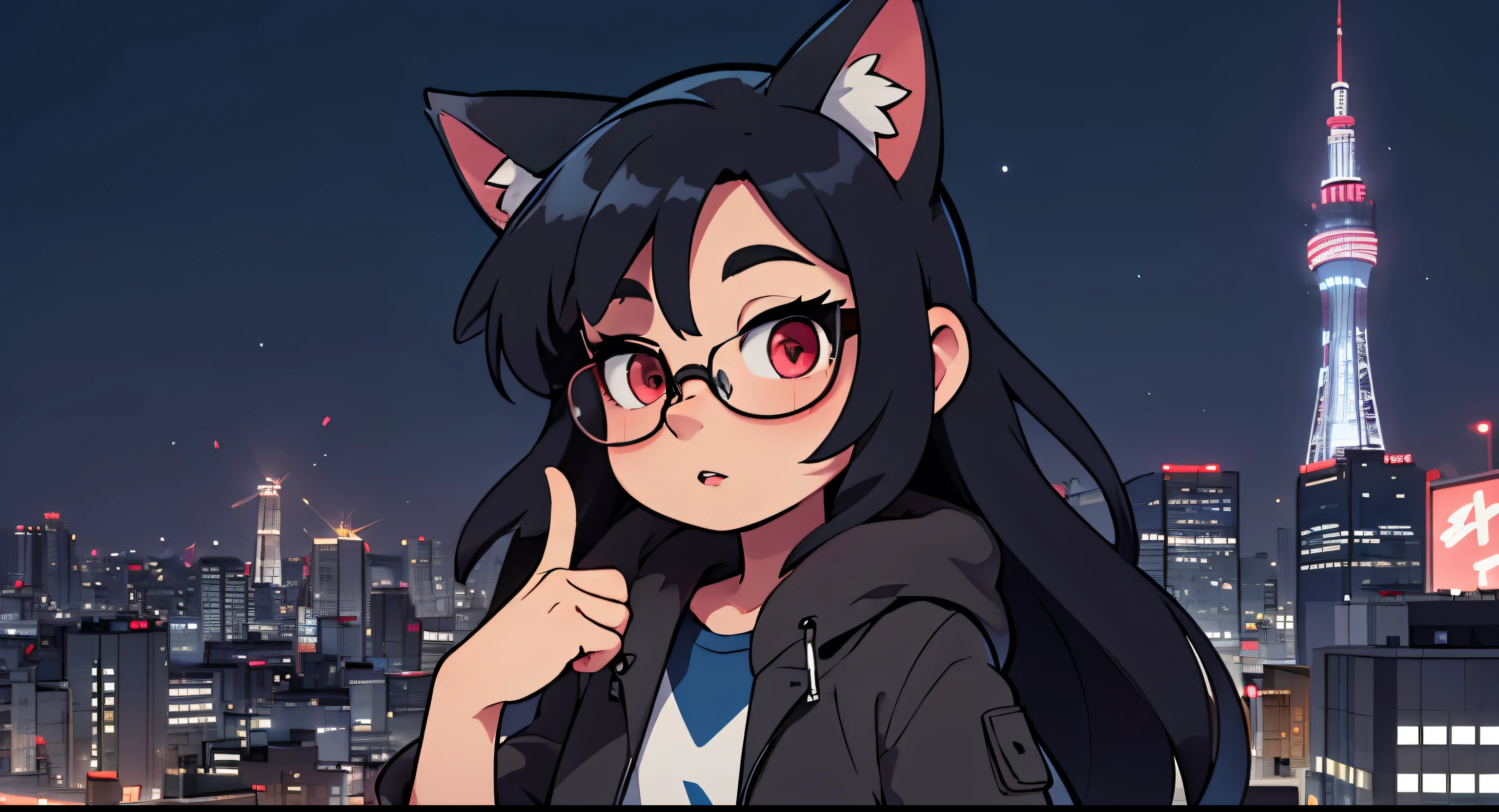 1 garota, orelhas de gato, sensual e inocente, cabelo longo, pequena, cabelo preto, olhos vermelhos, marca de beleza, round glasses, cortado curto, short curto, (casaco feminino grande sobre os ombros), urbano, Tokyo city, cidade agitada, Luar, light particles,(melhor qualidade, obra de arte), (Super ultra detalhado), (illustration), (super obra de arte), extremamente delicado e lindo, (animado), (8k CG extremamente detalhado), high resolution, (dedo perfeito), (perfect hands), (anatomia detalhada)