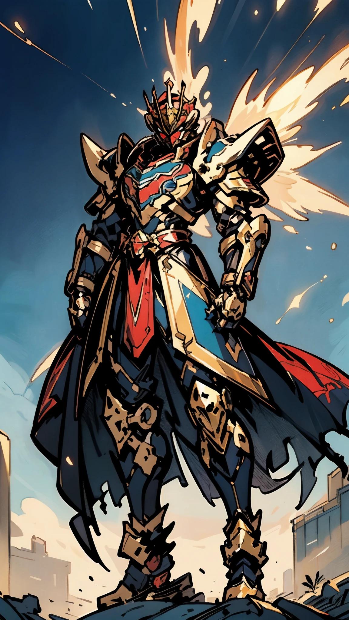 A woman adorned in fantasy-style full-body armor, a crown-concept fully enclosed helmet that unveils only her eyes, a composite layered chest plate, fully encompassing shoulder and hand guards, a lightweight waist armor, form-fitting shin guards, the overall design is heavy-duty yet flexible, (the armor gleams with a golden glow, complemented by red and blue accents), exhibiting a noble aura, she floats above a fantasy-surreal high-tech city, this character embodies a finely crafted fantasy-surreal style armored hero in anime style, exquisite and mature manga art style, (mixture of Queen bee and Spider concept Armor, plasma), ((Element, elegant, goddess, femminine:1.5)), metallic, high definition, best quality, highres, ultra-detailed, ultra-fine painting, extremely delicate, professional, anatomically correct, symmetrical face, extremely detailed eyes and face, high quality eyes, creativity, RAW photo, UHD, 32k, Natural light, cinematic lighting, masterpiece-anatomy-perfect, masterpiece:1.5