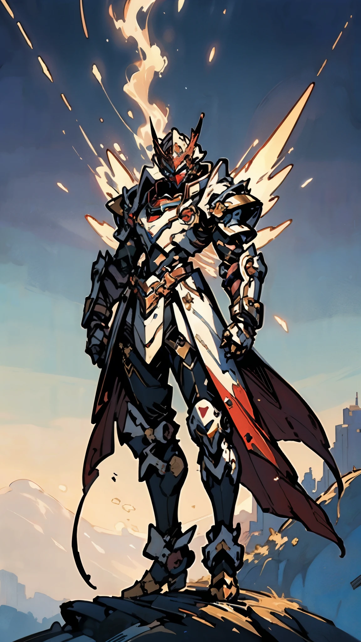 A woman adorned in fantasy-style full-body armor, a crown-concept fully enclosed helmet that unveils only her eyes, a composite layered chest plate, fully encompassing shoulder and hand guards, a lightweight waist armor, form-fitting shin guards, the overall design is heavy-duty yet flexible, (the armor gleams with a golden glow, complemented by red and blue accents), exhibiting a noble aura, she floats above a fantasy-surreal high-tech city, this character embodies a finely crafted fantasy-surreal style armored hero in anime style, exquisite and mature manga art style, (mixture of Queen bee and Spider concept Armor, plasma), ((Element, elegant, goddess, femminine:1.5)), metallic, high definition, best quality, highres, ultra-detailed, ultra-fine painting, extremely delicate, professional, anatomically correct, symmetrical face, extremely detailed eyes and face, high quality eyes, creativity, RAW photo, UHD, 32k, Natural light, cinematic lighting, masterpiece-anatomy-perfect, masterpiece:1.5