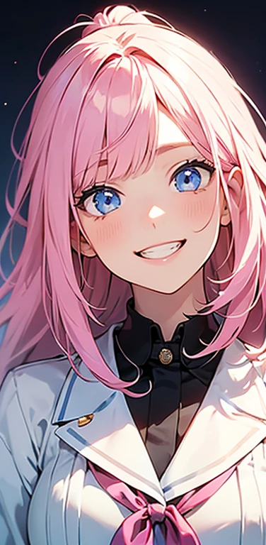 Realistic、1girl、fluorescence　pink hair、blue eyes、(eye focus:1.3,face focus:1.3,upper body:1.5),(gradient eyes:1.3),(blouse)、smiley face,open mouth,(grin:1.3),blunt bangs、cute face,portrait,
