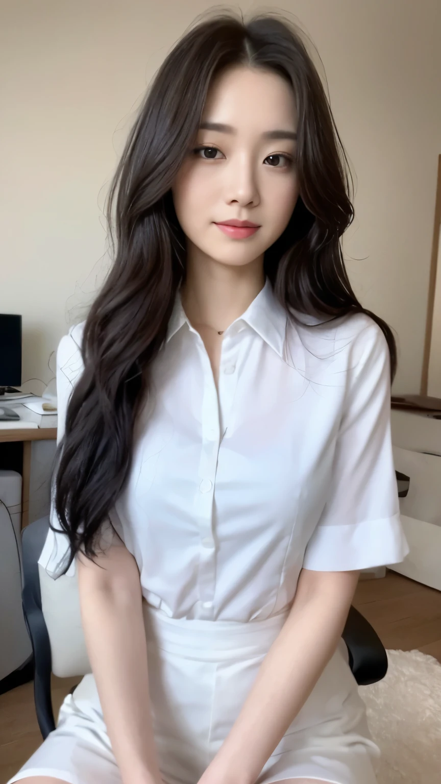 ((top-quality、8k、​masterpiece:1.3))、Beautiful woman with perfect body:1.4、slim abdomen:1.2、Longhair, normal breast, Highly detailed facial and skin texture, A detailed eye, delicate eyes, double eyelid, (smile), (full body shot), ((office 1.1)), (sitting on chair), (((wearing white uniform)), looking in front