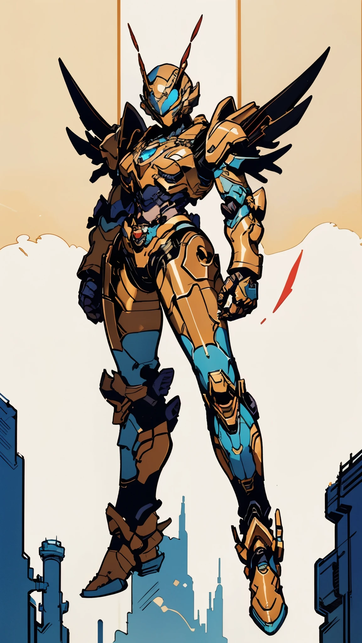 A woman adorned in fantasy-style full-body armor, a crown-concept fully enclosed helmet that unveils only her eyes, a composite layered chest plate, fully encompassing shoulder and hand guards, a lightweight waist armor, form-fitting shin guards, the overall design is heavy-duty yet flexible, ((the armor gleams with a golden glow, complemented by red and blue accents)), exhibiting a noble aura, she floats above a fantasy-surreal high-tech city, this character embodies a finely crafted fantasy-surreal style armored hero in anime style, exquisite and mature manga art style, (mixture of Queen bee and Spider concept Armor, plasma, energy), ((Element, elegant, goddess, femminine:1.5)), metallic, high definition, best quality, highres, ultra-detailed, ultra-fine painting, extremely delicate, professional, anatomically correct, symmetrical face, extremely detailed eyes and face, high quality eyes, creativity, RAW photo, UHD, 32k, Natural light, cinematic lighting, masterpiece-anatomy-perfect, masterpiece:1.5