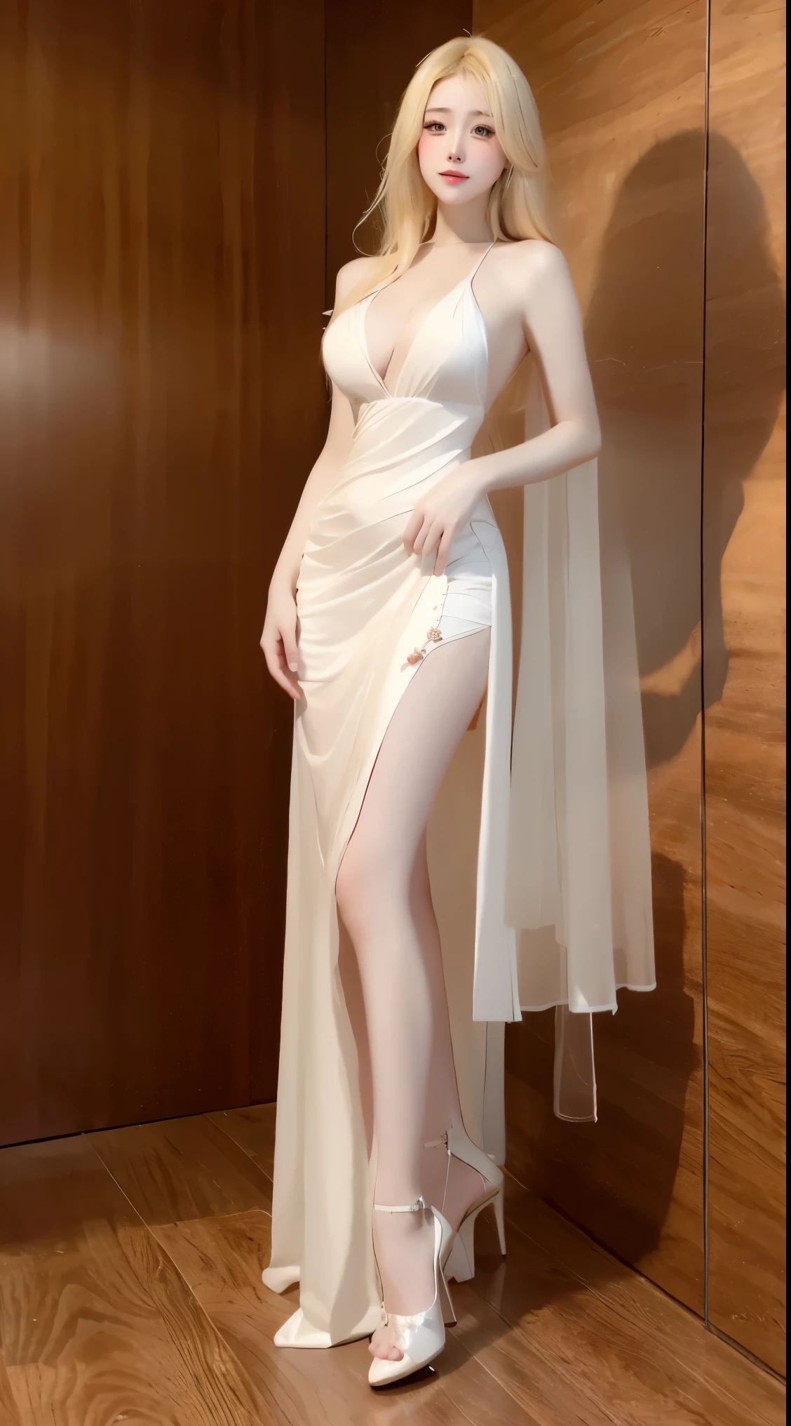 8k, Surreal, masterpiece, best quality, Super detailed, high resolution, random background, 1個Giant Breast Girl, (:1.5), Willow Yao, white dress,translucent,whole body,high heels,high heels鞋,whole body,red,saliva