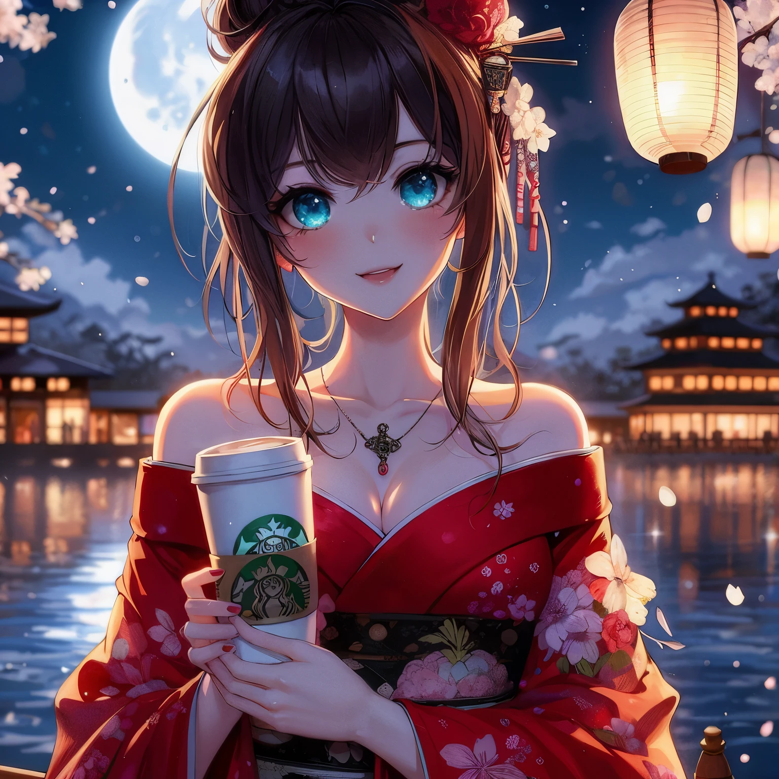 Anime girl in kimono holding Starbucks cup,The background is a full moon, anime style 4k, anime wallpaper 4k, anime wallpaper 4k, anime art wallpaper 4k, Anime Art Wallpaper 4k, anime art wallpaper 8k, 4k anime wallpaper, night nucleus, beautiful anime girl, mysterious cafe girl, Beautiful anime woman, Beautiful anime style