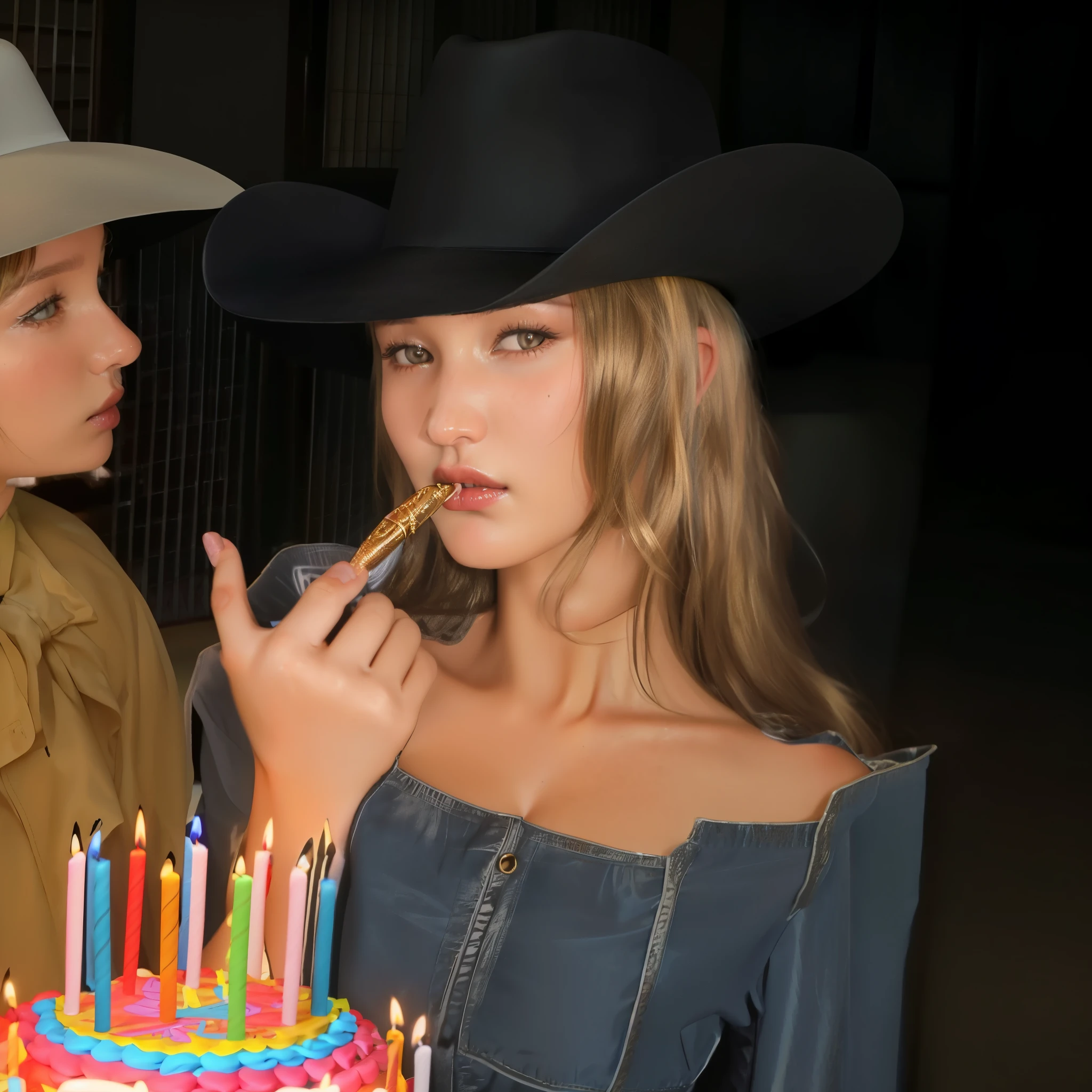 blonde woman in cowboy hat blowing out candles on a birthday cake, celebrating a birthday, at a birthday party, cowgirl, wearing a cowboy hat, holding a birthday cake, closeup shot, cow-girl, western cowgirl, bella hadid, wearing cowboy hat, female cowgirl, probably in her 30s, supermodel! face!, victoria's secret model, bella hadid