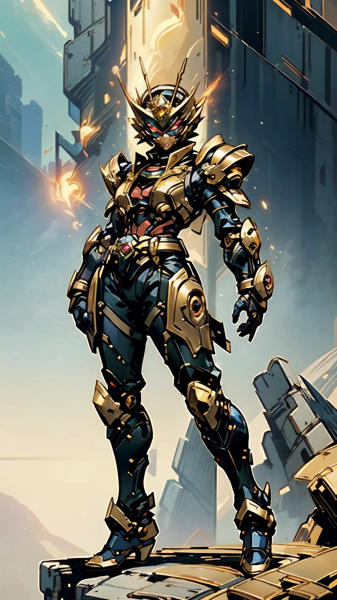 A woman adorned in fantasy-style full-body armor, a crown-concept fully enclosed helmet that unveils only her eyes, a composite layered chest plate, fully encompassing shoulder and hand guards, a lightweight waist armor, form-fitting shin guards, the overall design is heavy-duty yet flexible, ((the armor gleams with a golden glow, complemented by red and blue accents)), exhibiting a noble aura, she floats above a fantasy-surreal high-tech city, this character embodies a finely crafted fantasy-surreal style armored hero in anime style, exquisite and mature manga art style, (mixture of Queen bee and Spider concept Armor, plasma, energy), ((Element, elegant, goddess, femminine:1.5)), metallic, high definition, best quality, highres, ultra-detailed, ultra-fine painting, extremely delicate, professional, anatomically correct, symmetrical face, extremely detailed eyes and face, high quality eyes, creativity, RAW photo, UHD, 32k, Natural light, cinematic lighting, masterpiece-anatomy-perfect, masterpiece:1.5