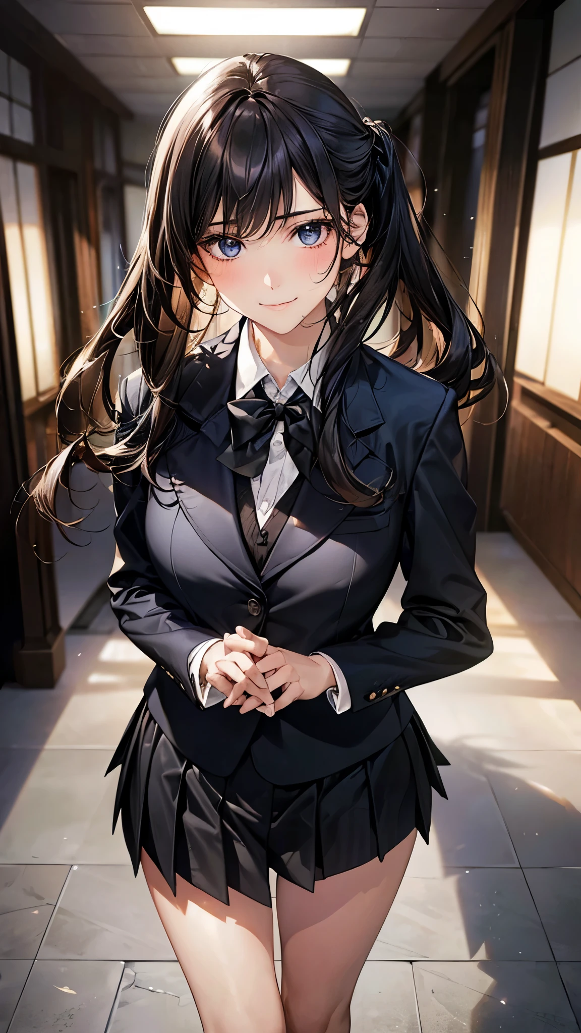 (masterpiece:1.2, top-quality), (realistic, photorealistic:1.4), beautiful illustration, (natural side lighting, movie lighting), 
looking at viewer, (from below), 1 girl, japanese, high school girl, perfect face, perfect body, cute and symmetrical face, shiny skin, babyface, 
(long hair:1.7, straight hair:1.6, long sideburns, black hair), swept bangs, blue eyes, slant eyes, (middle breasts, seductive thighs), , 
beautiful hair, beautiful face, beautiful detailed eyes, beautiful clavicle, beautiful body, beautiful chest, beautiful thigh, beautiful legs, beautiful fingers, 
(((black outfit, black school blazer, closed blazer), white collared shirt, black box pleated skirt) ), 
(beautiful scenery), evening, (school hallway), standing, leaning forward, (hair twirling, lovely smile), 