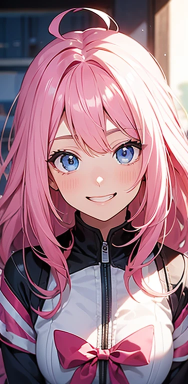 Realistic、1girl、fluorescence pink hair、blue eyes、(eye focus:1.3,face focus:1.3,upper body:1.5),(gradient eyes:1.3),(blouse)、smiley face,open mouth,(grin:1.3),blunt bangs、cute face,portrait,