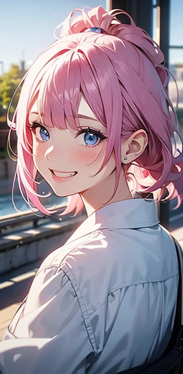 Realistic、1girl、fluorescence　pink hair、blue eyes、(eye focus:1.3,face focus:1.3,upper body:1.5),(gradient eyes:1.3),(blouse)、smiley face,open mouth,(grin:1.3),blunt bangs、cute face,portrait,
