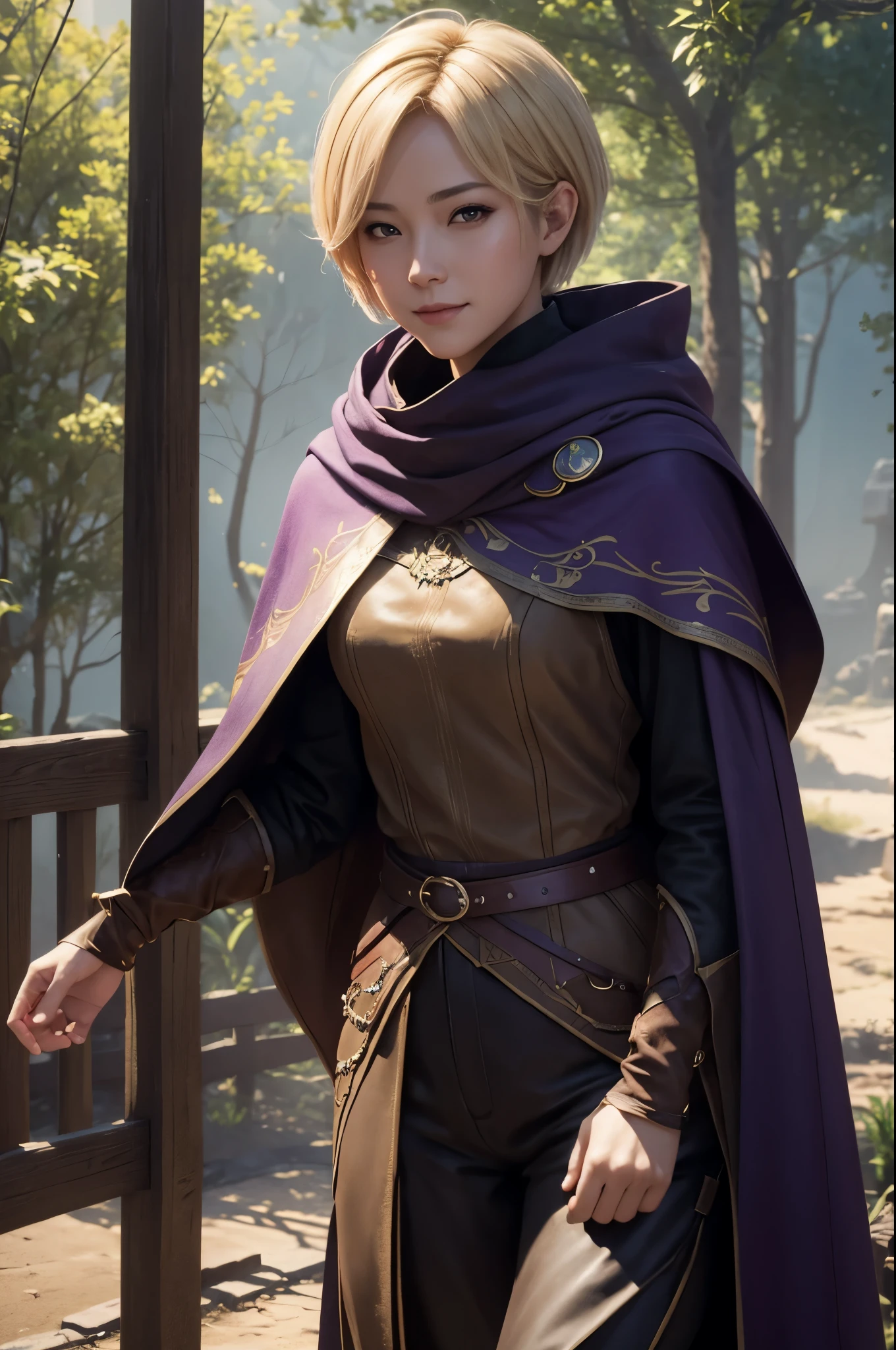8k,Smiling blonde short bob hair,super beautiful(like the real thing),An Arafe woman wearing a brown cloak is walking., super detailed Fantasy characterss, 3d rendering character art 8k, types of bacteria ; 3d unreal engine, fantasy costume, 4 k detail fantasy, 2. 5d cgi anime fantasy artwork, Fantasy characters, gorgeous purple and black pants, seductive woman, 素晴らしいcharacter art,masterpiece,Photorealistic RAW photos of the highest quality。bright colors,rich colors, Backlight, cinematic lighting, film grain, to be born, 50mm lens, Nikon D850,realistic skin,fantasy art,character art,ultra high resolution,realistic skin,wilderness,small breasts,road with dust,Adventurer's Costume,Carrying a large bag on your back,walk with half your face covered,