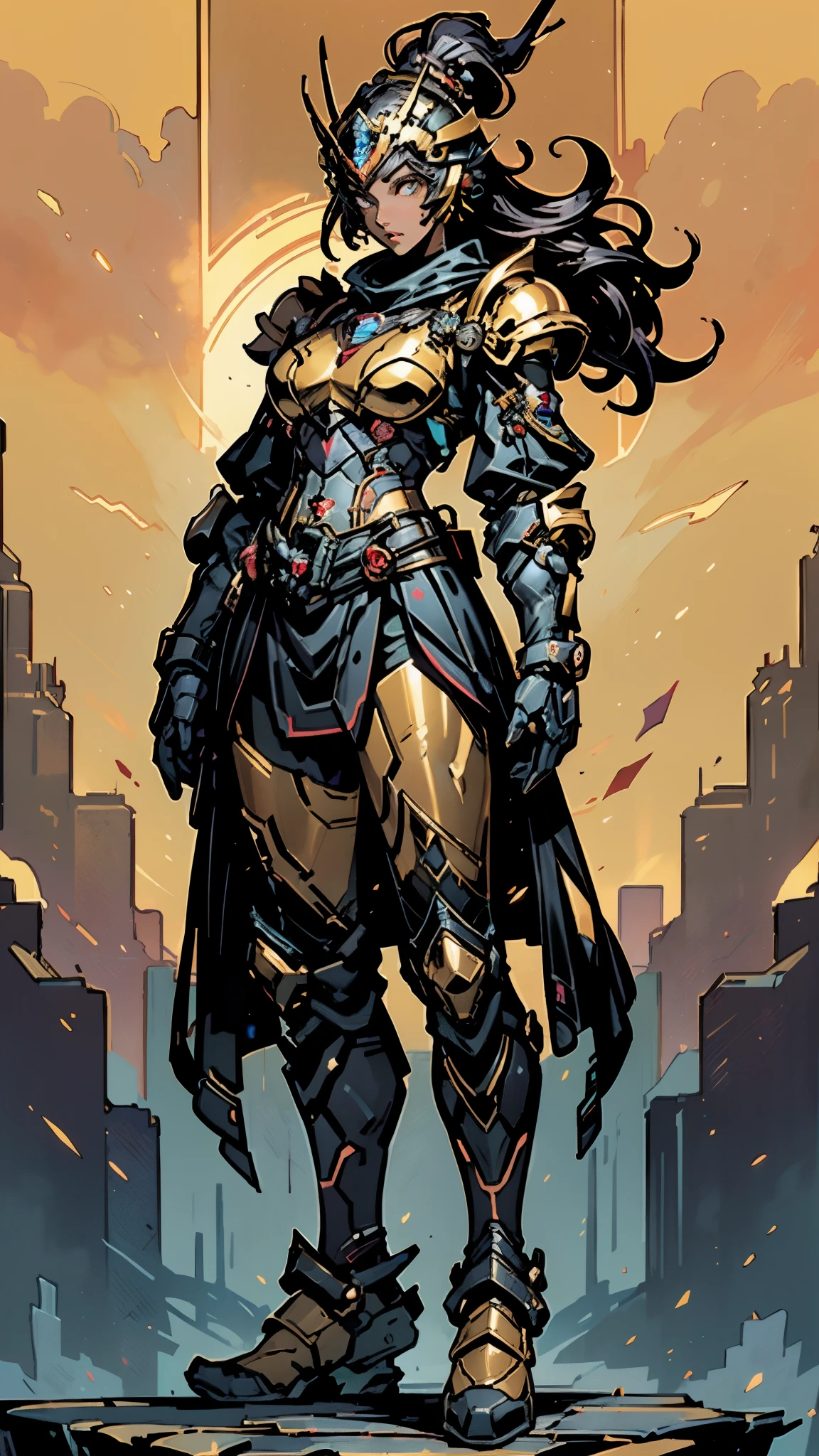 A woman adorned in fantasy-style full-body armor, a crown-concept fully enclosed helmet that unveils only her eyes, a composite layered chest plate, fully encompassing shoulder and hand guards, a lightweight waist armor, form-fitting shin guards, the overall design is heavy-duty yet flexible, ((the armor gleams with a golden glow, complemented by red and blue accents)), exhibiting a noble aura, she floats above a fantasy-surreal high-tech city, this character embodies a finely crafted fantasy-surreal style armored hero in anime style, exquisite and mature manga art style, (mixture of Queen bee and Spider concept Armor, plasma, energy), ((Element, elegant, goddess, femminine:1.5)), metallic, high definition, best quality, highres, ultra-detailed, ultra-fine painting, extremely delicate, professional, anatomically correct, symmetrical face, extremely detailed eyes and face, high quality eyes, creativity, RAW photo, UHD, 32k, Natural light, cinematic lighting, masterpiece-anatomy-perfect, masterpiece:1.5