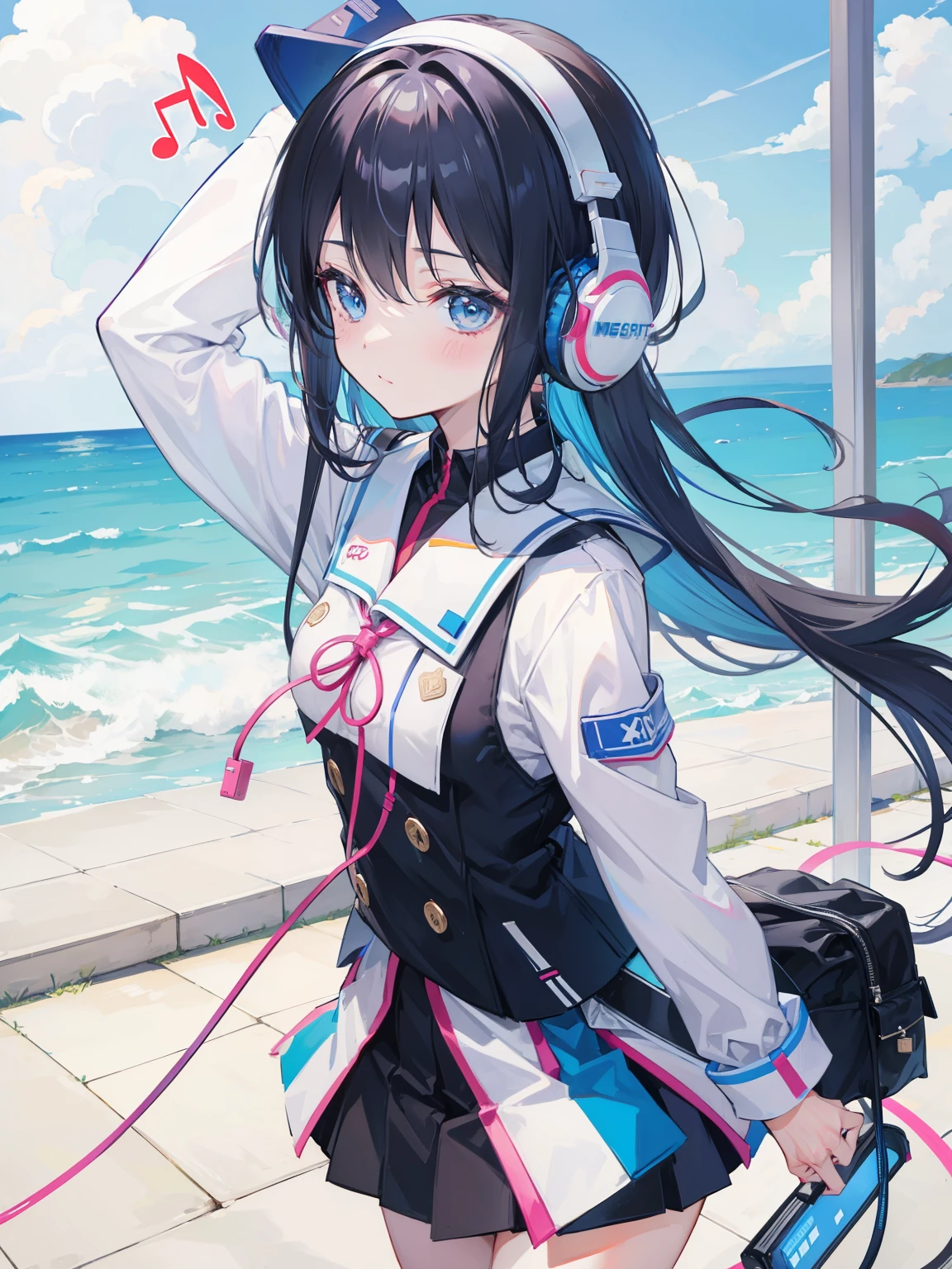 uniform。Expression of listening to music with headphones on