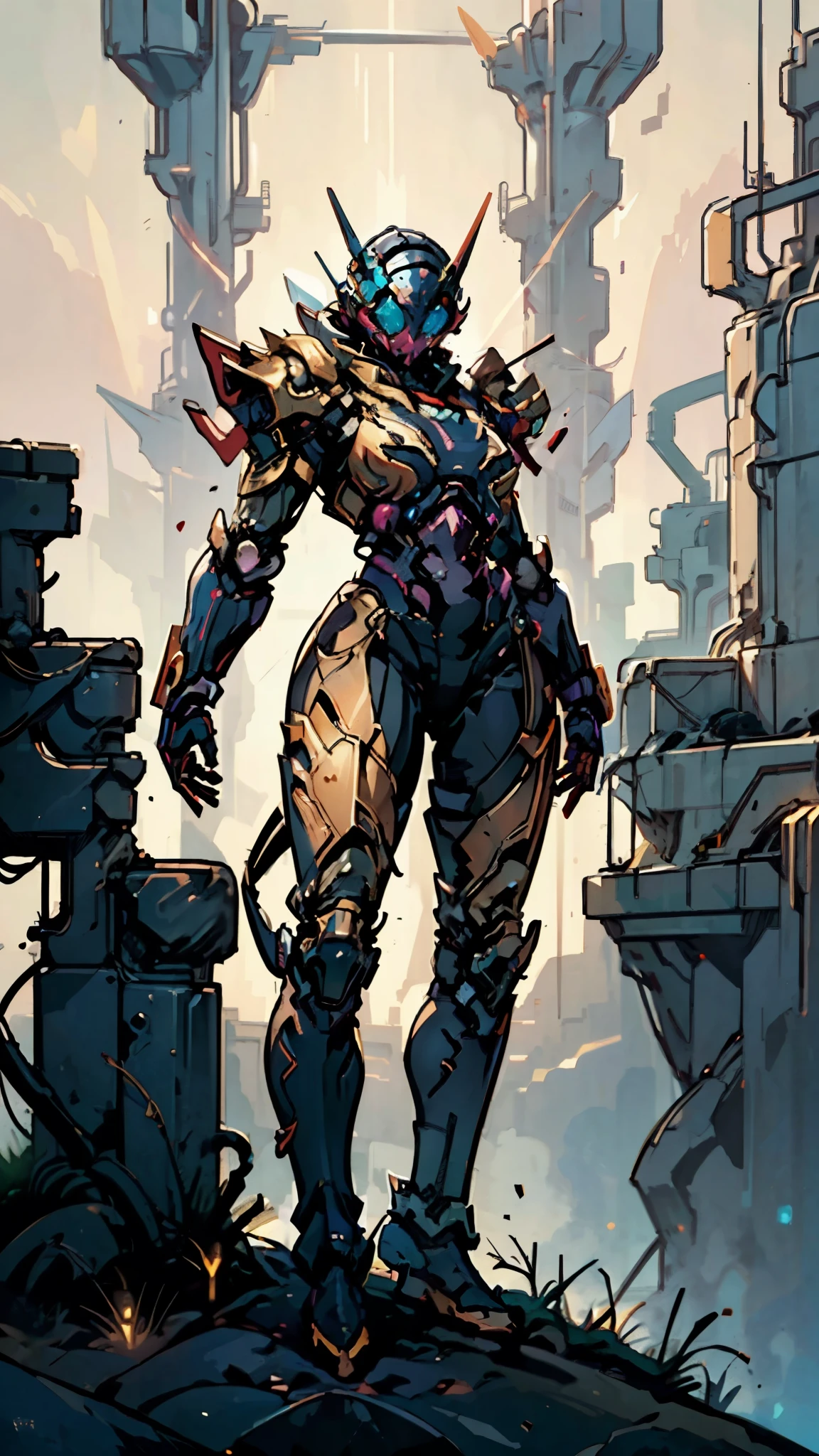 A woman adorned in fantasy-style full-body armor, a crown-concept fully enclosed helmet that unveils only her eyes, a composite layered chest plate, fully encompassing shoulder and hand guards, a lightweight waist armor, form-fitting shin guards, the overall design is heavy-duty yet flexible, ((the armor gleams with a golden glow, complemented by red and blue accents)), exhibiting a noble aura, she floats above a fantasy-surreal high-tech city, this character embodies a finely crafted fantasy-surreal style armored hero in anime style, exquisite and mature manga art style, (mixture of Queen bee and Spider concept Armor, plasma, energy), ((Element, elegant, goddess, femminine:1.5)), metallic, high definition, best quality, highres, ultra-detailed, ultra-fine painting, extremely delicate, professional, anatomically correct, symmetrical face, extremely detailed eyes and face, high quality eyes, creativity, RAW photo, UHD, 32k, Natural light, cinematic lighting, masterpiece-anatomy-perfect, masterpiece:1.5