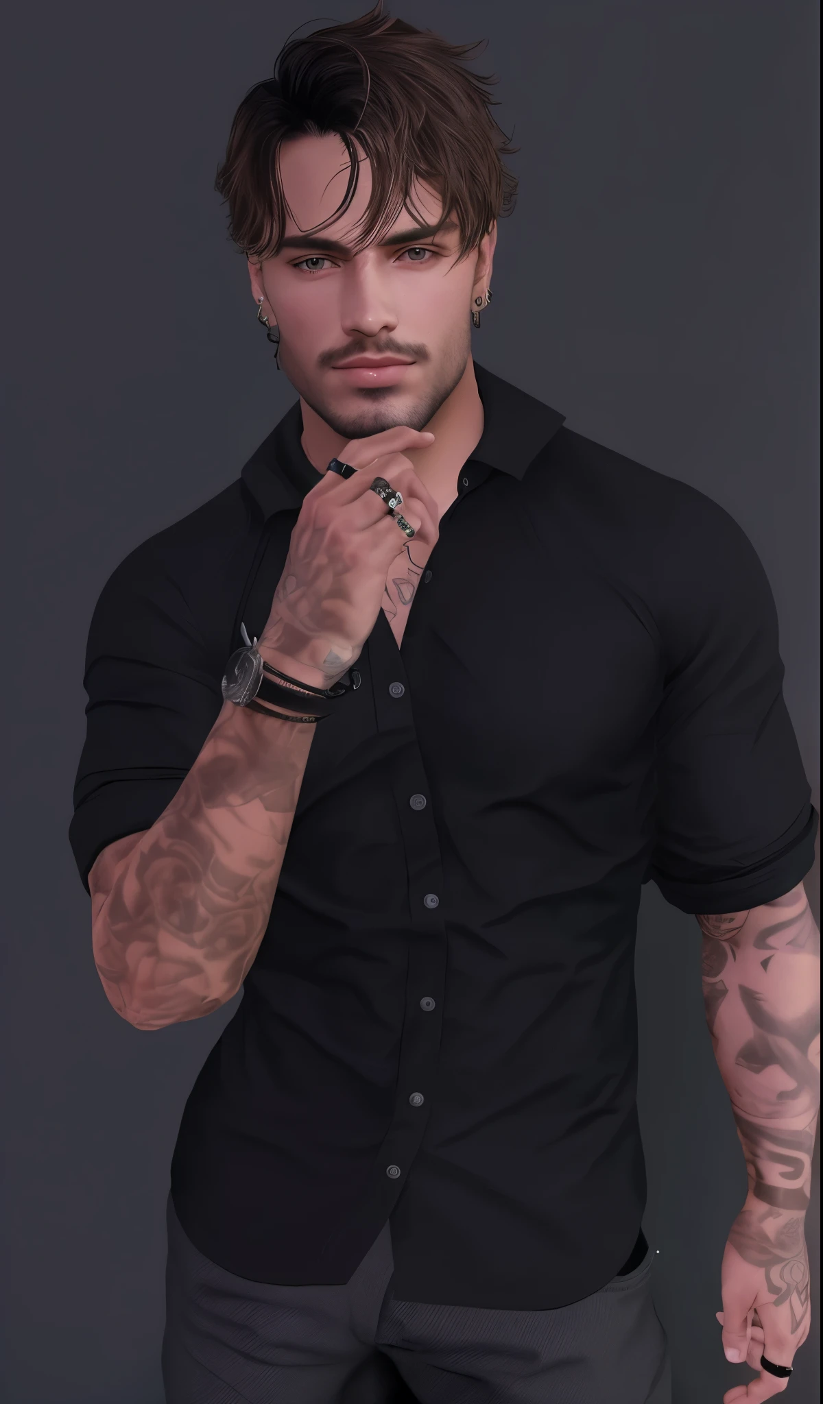 chiseled man with tattoos and a watch on his wrist, inspirado em Aleksander Gine, inspirado em Ludovit Fulla, macho malvado e desonesto, vestindo uma camisa preta, pele detalhada, inspirado em Alexis Grimou, Christian, ! holding in hand !, inspirado em Jozef Simmler, inspirado em Maximiliano Cercha, inspirado em Amir Zand