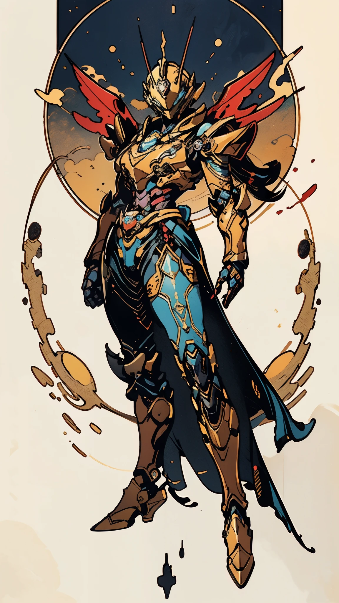 A woman adorned in fantasy-style full-body armor, a crown-concept fully enclosed helmet that unveils only her eyes, a composite layered chest plate, fully encompassing shoulder and hand guards, a lightweight waist armor, form-fitting shin guards, the overall design is heavy-duty yet flexible, ((the armor gleams with a golden glow, complemented by red and blue accents)), exhibiting a noble aura, she floats above a fantasy-surreal high-tech city, this character embodies a finely crafted fantasy-surreal style armored hero in anime style, exquisite and mature manga art style, (mixture of Queen bee and Spider concept Armor, plasma, energy), ((Element, elegant, goddess, femminine:1.5)), metallic, high definition, best quality, highres, ultra-detailed, ultra-fine painting, extremely delicate, professional, anatomically correct, symmetrical face, extremely detailed eyes and face, high quality eyes, creativity, RAW photo, UHD, 32k, Natural light, cinematic lighting, masterpiece-anatomy-perfect, masterpiece:1.5