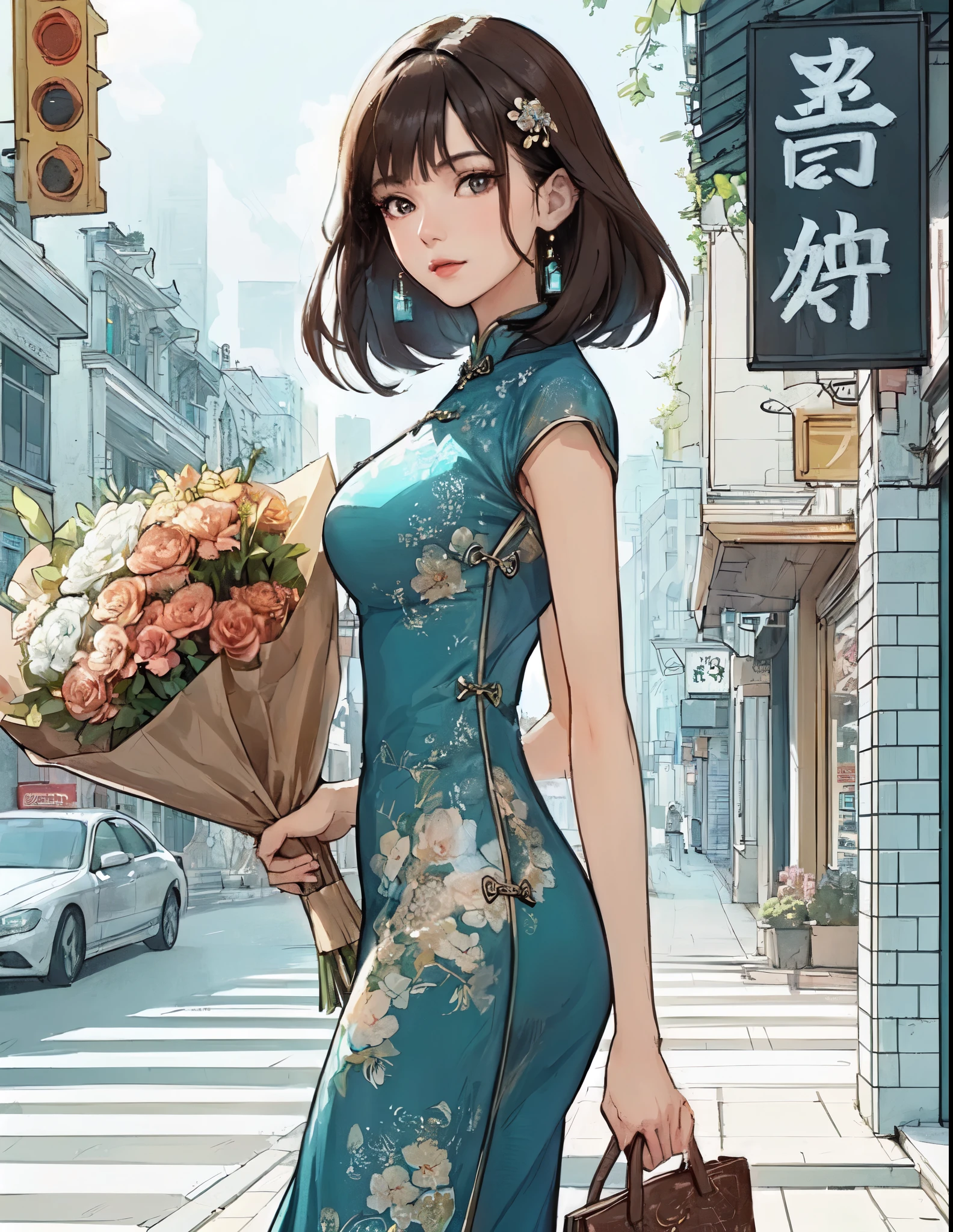 1lady solo, (looking back) (from behind), (strolling through city), (turquoise blue cheongsam) stylish, mature female, /(dark brown hair/) bangs, cool expression, (masterpiece best quality:1.2) delicate illustration ultra-detailed, large breasts BREAK (holding a designer's bag) (holding bouquet) BREAK (luxurious downtown street) outdoors, noon, crowded, detailed background