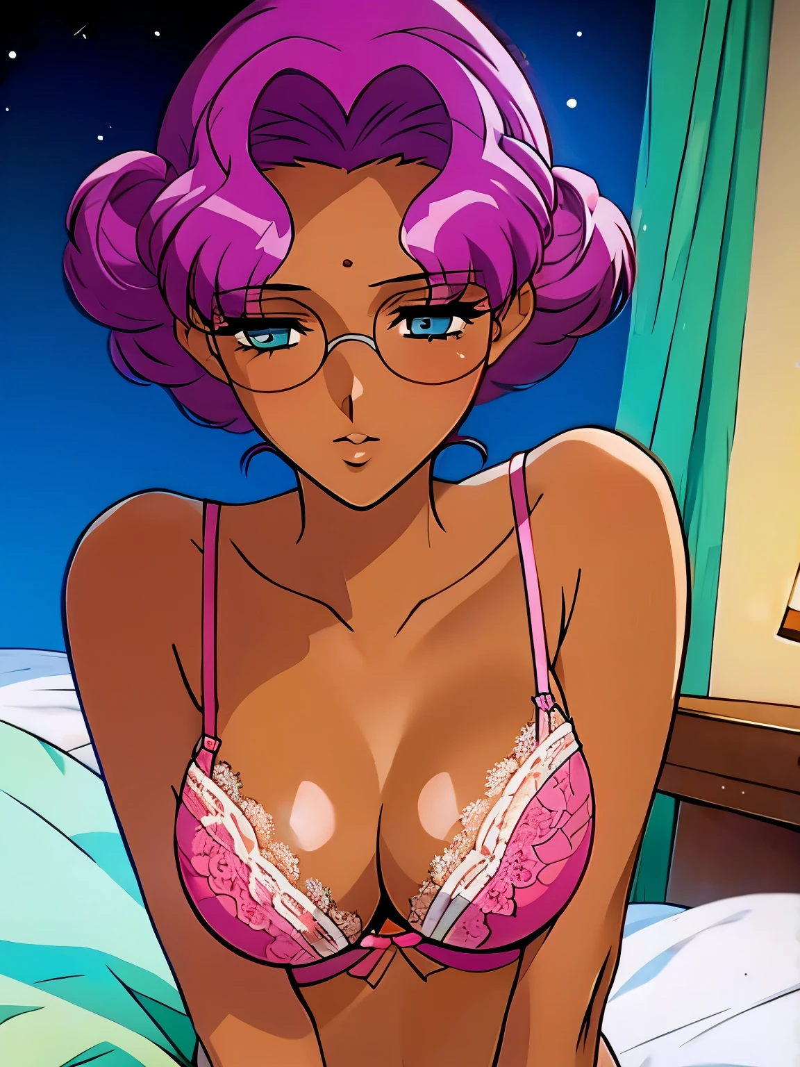 (masterpiece, best quality:1.2), Anki Himemiya,1 girl, alone,Eyes are exquisite and delicate，Exquisite hair color，short hair，( Wearing pink lace underwear:1.2)，on the bed，too big,glowing skin，dark skin，wear glasses（（（shy expression）））blush，pastel tones，超big breasts,big breasts，large breast size，big breasts, Breasts are very