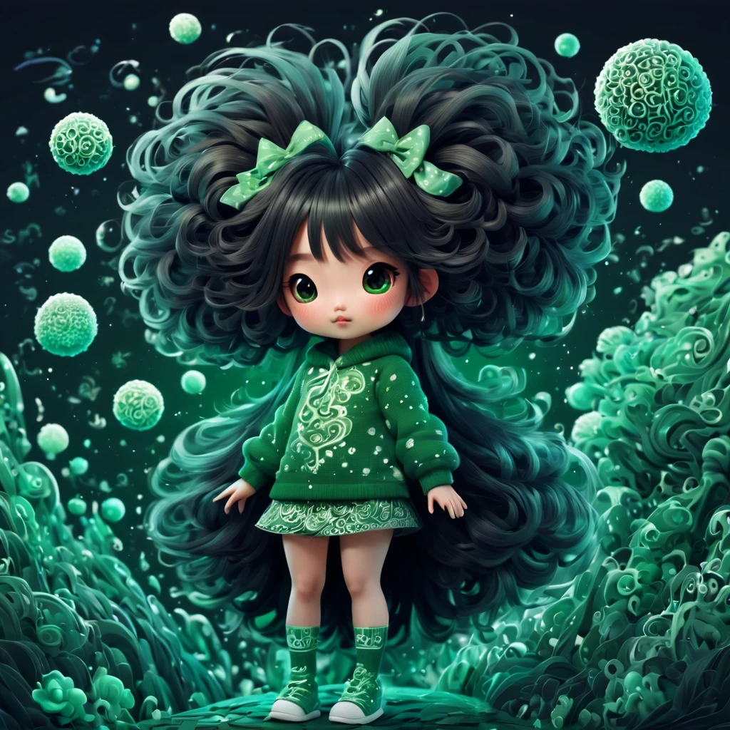 (best quality, highres), magical, black theme, (magical cute chinese girl:1.2). with (((exaggerated hair, huge fluffy hair", expanded hair, exagerated voluminous hair))), green and white sweater with ultradetailed zentangle duck and dots , details, (((horsehair, fluffy))), socks, shoes, origami hair texture,