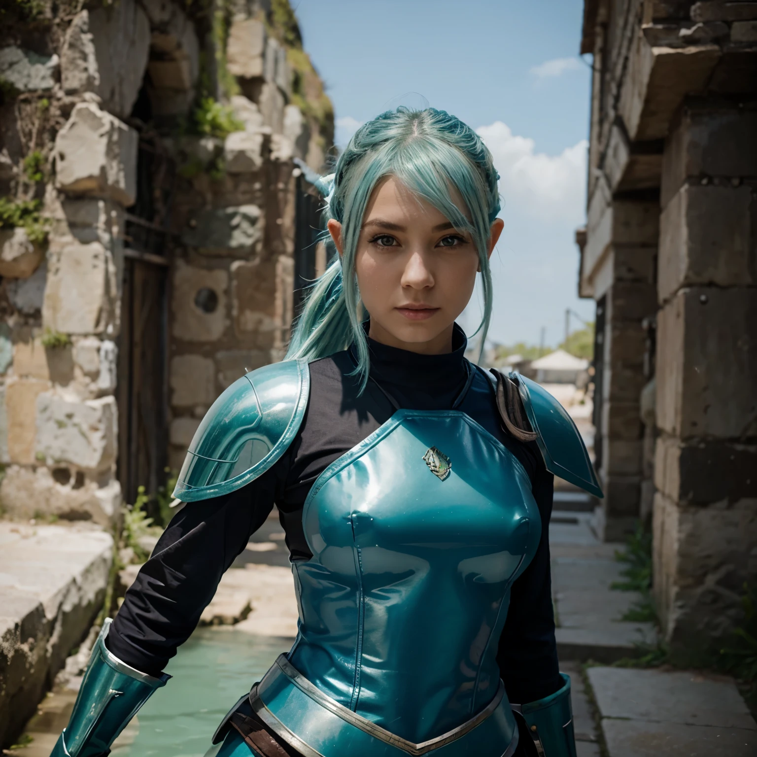 female sea-elf in armor with blue green hair in a pony tail