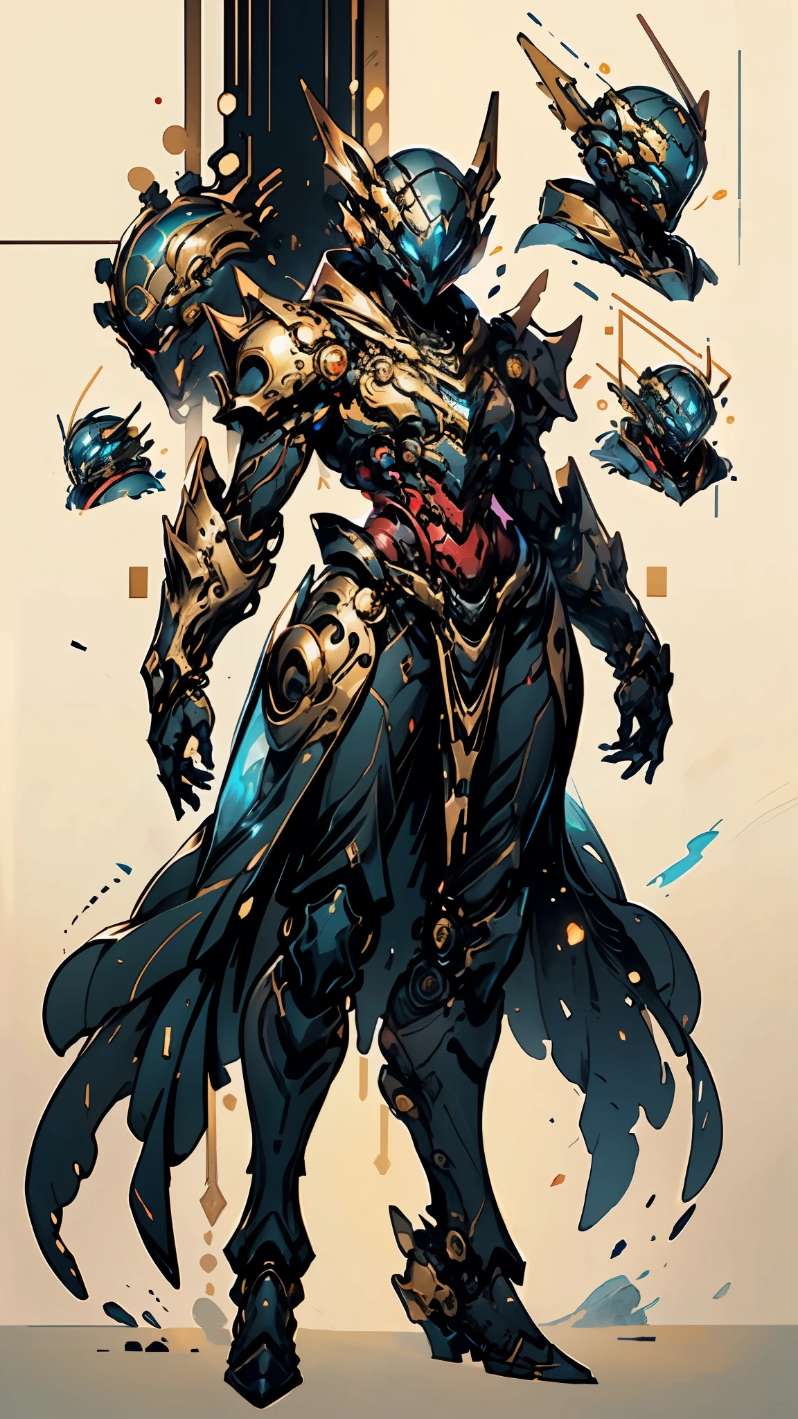 A woman adorned in fantasy-style full-body armor, a crown-concept fully enclosed helmet that unveils only her eyes, a composite layered chest plate, fully encompassing shoulder and hand guards, a lightweight waist armor, form-fitting shin guards, the overall design is heavy-duty yet flexible, ((the armor gleams with a golden glow, complemented by red and blue accents)), exhibiting a noble aura, she floats above a fantasy-surreal high-tech city, this character embodies a finely crafted fantasy-surreal style armored hero in anime style, exquisite and mature manga art style, (mixture of Queen bee and Spider concept Armor, plasma, energy), ((Element, elegant, goddess, femminine:1.5)), metallic, high definition, best quality, highres, ultra-detailed, ultra-fine painting, extremely delicate, professional, anatomically correct, symmetrical face, extremely detailed eyes and face, high quality eyes, creativity, RAW photo, UHD, 32k, Natural light, cinematic lighting, masterpiece-anatomy-perfect, masterpiece:1.5