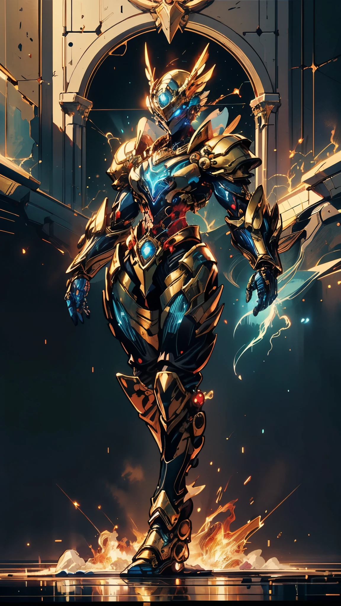 A woman adorned in fantasy-style full-body armor, a crown-concept fully enclosed helmet that unveils only her eyes, a composite layered chest plate, fully encompassing shoulder and hand guards, a lightweight waist armor, form-fitting shin guards, the overall design is heavy-duty yet flexible, ((the armor gleams with a golden glow, complemented by red and blue accents)), exhibiting a noble aura, she floats above a fantasy-surreal high-tech city, this character embodies a finely crafted fantasy-surreal style armored hero in anime style, exquisite and mature manga art style, (mixture of Queen bee and Spider concept Armor, plasma, energy), ((Element, elegant, goddess, femminine:1.5)), metallic, high definition, best quality, highres, ultra-detailed, ultra-fine painting, extremely delicate, professional, anatomically correct, symmetrical face, extremely detailed eyes and face, high quality eyes, creativity, RAW photo, UHD, 32k, Natural light, cinematic lighting, masterpiece-anatomy-perfect, masterpiece:1.5