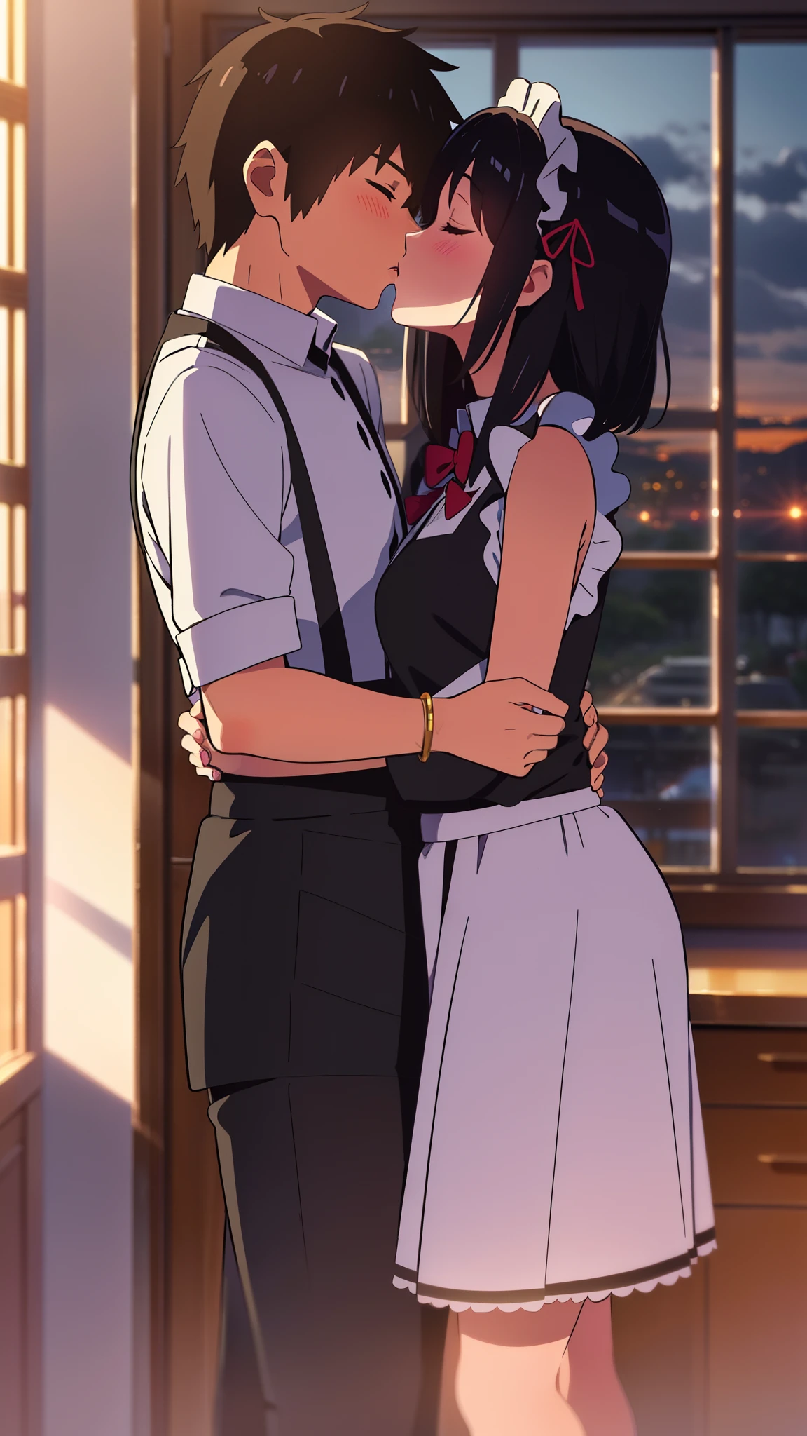 shinkai makoto, kimi no na wa., 1girl, 1boy, bangs, black hair, blush, (boy wear Suspender Clothes), ((girl wear maid dress, short dress), maid, apron, maid headdress), bow, ribbon, short hair, cute, love, couple, adorable, Off-the-shoulders, dating, (((kiss, deep kiss))), closed eyes, bracelet, passionate hug, evening, sunset, cloudy, lake, scenery, dynamic lights