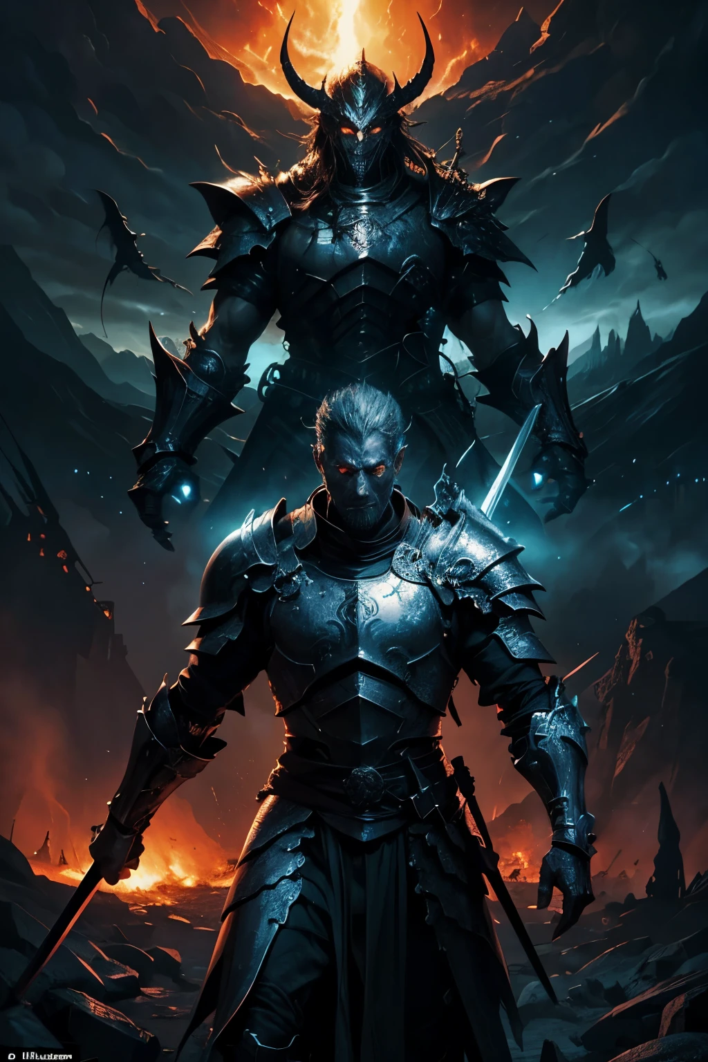 (Top Quality, 4K), Two heavenly knights, in the depths of Hell, Wielding swords to slay demons, Clad in holy armor that gleams with divine light, Overlooking an ominous volcano with darkmist engulfing the surroundings, Extreme detail immerses viewers in the scene, with intricately designed armor textures, Realistically rendered sweat droplets on their brows, and veins bulging on their toned forearms, Each demon has unique and terrifying appearances, as they clash with the knights, Creating a mesmerizing contrast between the heavenly and the demonic, An illustration of courage, determination, and the