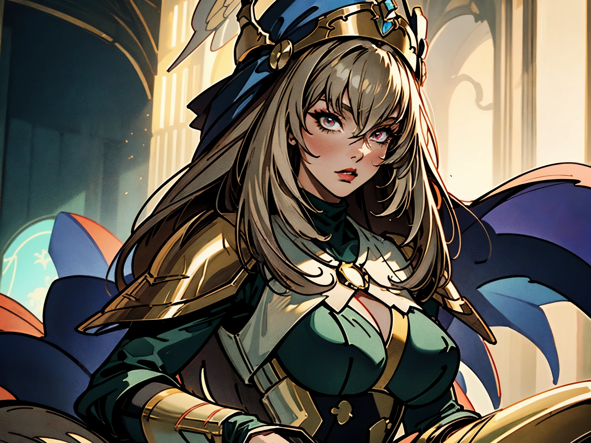 A woman adorned in fantasy-style full-body armor, a crown-concept fully enclosed helmet that unveils only her eyes, a composite layered chest plate, fully encompassing shoulder and hand guards, a lightweight waist armor, form-fitting shin guards, the overall design is heavy-duty yet flexible, (the armor gleams with a golden glow, complemented by red and blue accents), exhibiting a noble aura, she floats above a fantasy-surreal high-tech city, this character embodies a finely crafted fantasy-surreal style armored hero in anime style, exquisite and mature manga art style, (mixture of Queen bee and Spider concept Armor, plasma), ((Element, elegant, goddess, femminine:1.5)), metallic, high definition, best quality, highres, ultra-detailed, ultra-fine painting, extremely delicate, professional, anatomically correct, symmetrical face, extremely detailed eyes and face, high quality eyes, creativity, RAW photo, UHD, 32k, Natural light, cinematic lighting, masterpiece-anatomy-perfect, masterpiece:1.5