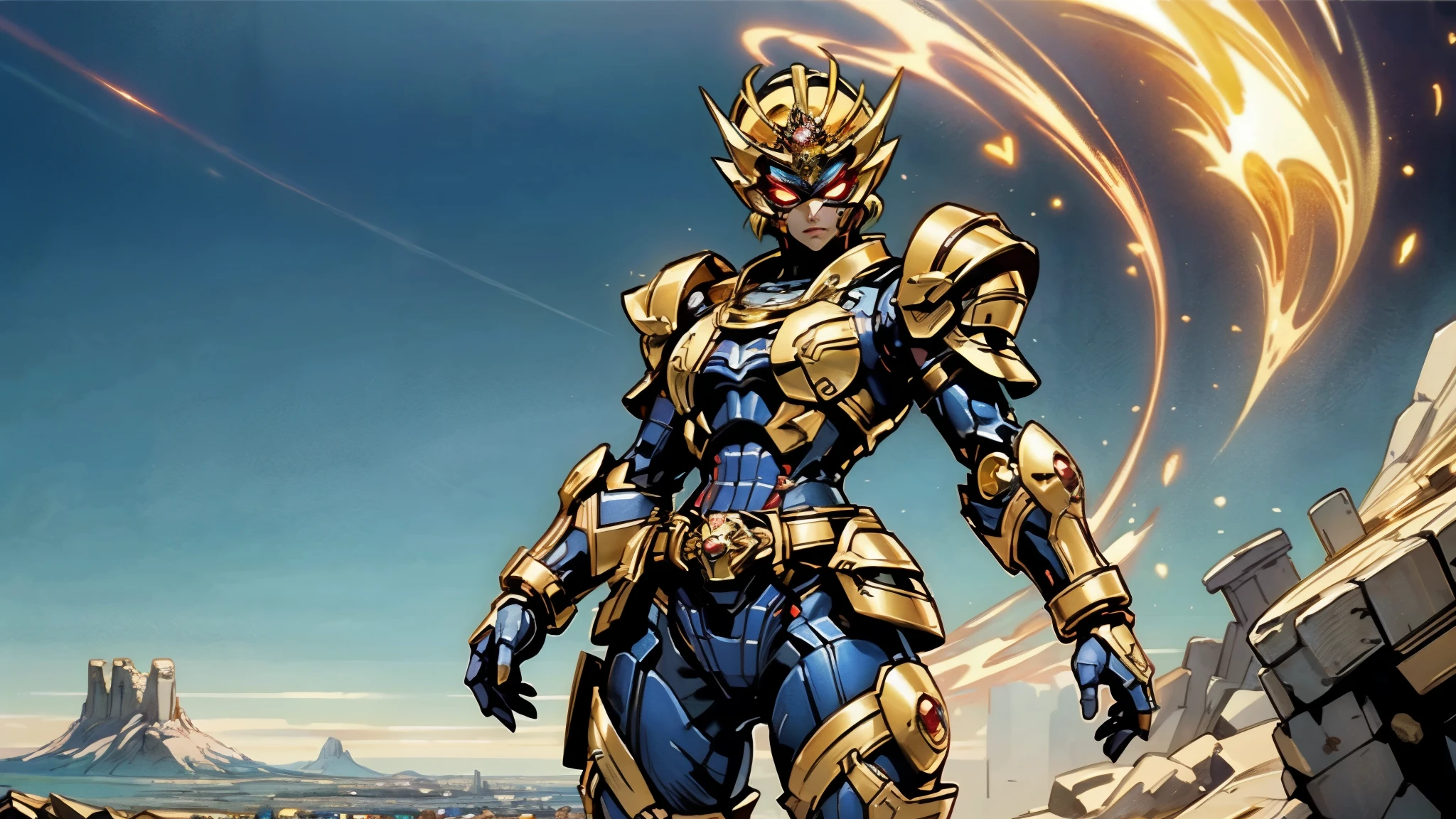 A woman adorned in fantasy-style full-body armor, a crown-concept fully enclosed helmet that unveils only her eyes, a composite layered chest plate, fully encompassing shoulder and hand guards, a lightweight waist armor, form-fitting shin guards, the overall design is heavy-duty yet flexible, ((the armor gleams with a golden glow, complemented by red and blue accents)), exhibiting a noble aura, she floats above a fantasy-surreal high-tech city, this character embodies a finely crafted fantasy-surreal style armored hero in anime style, exquisite and mature manga art style, (mixture of Queen bee and Spider concept Armor, plasma, energy), ((Element, elegant, goddess, femminine:1.5)), metallic, high definition, best quality, highres, ultra-detailed, ultra-fine painting, extremely delicate, professional, anatomically correct, symmetrical face, extremely detailed eyes and face, high quality eyes, creativity, RAW photo, UHD, 32k, Natural light, cinematic lighting, masterpiece-anatomy-perfect, masterpiece:1.5