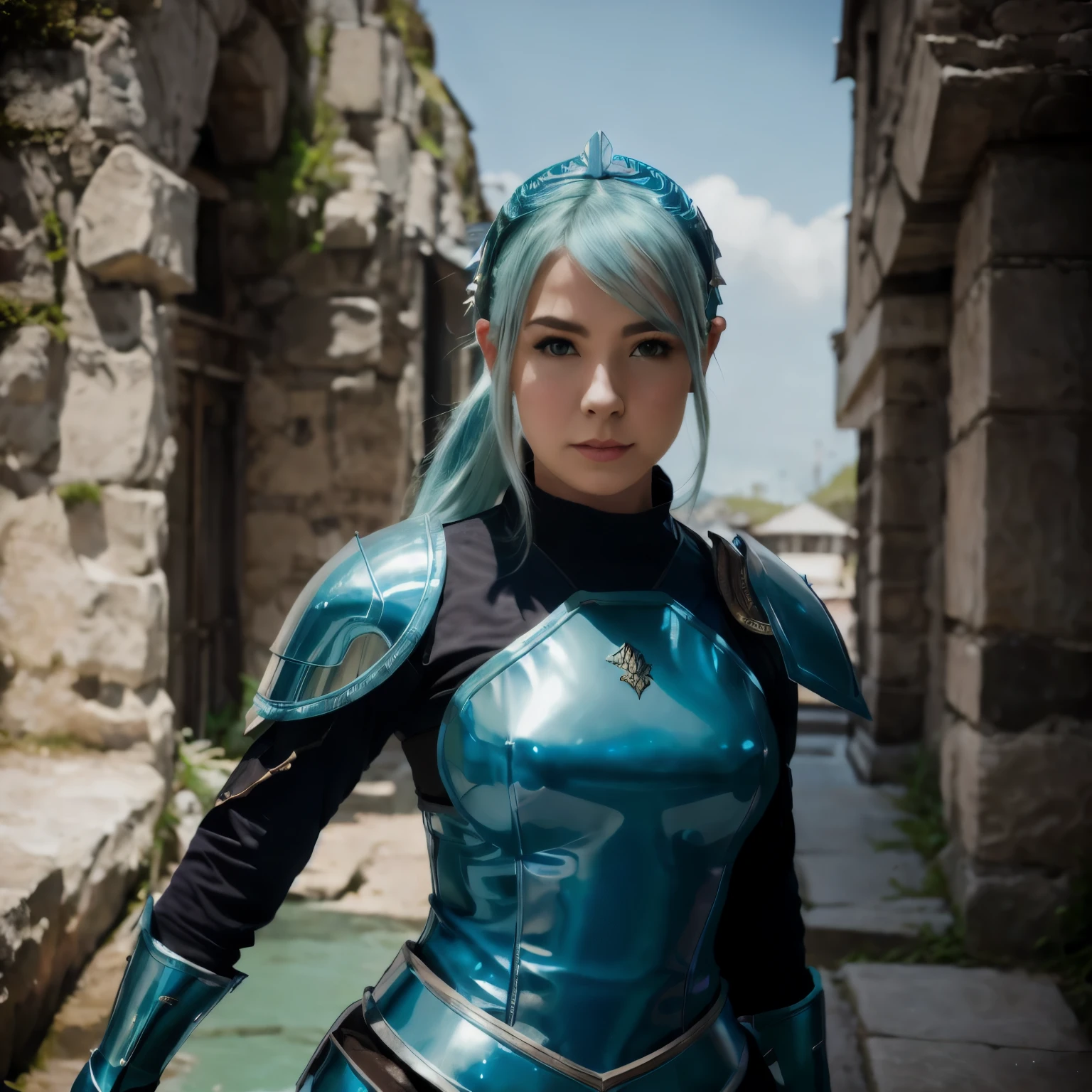 there is a woman in a blue and black outfit posing for a picture, cosplay photo, professional cosplay, pvc armor, pale blue armor, shiny plastic armor, dragon inspired blue armor, portrait knights of zodiac girl, girl in knight armor, fantasy character photo, blue leather armor, armor girl, wearing shiny breastplate, blue armor, samira from league of legends