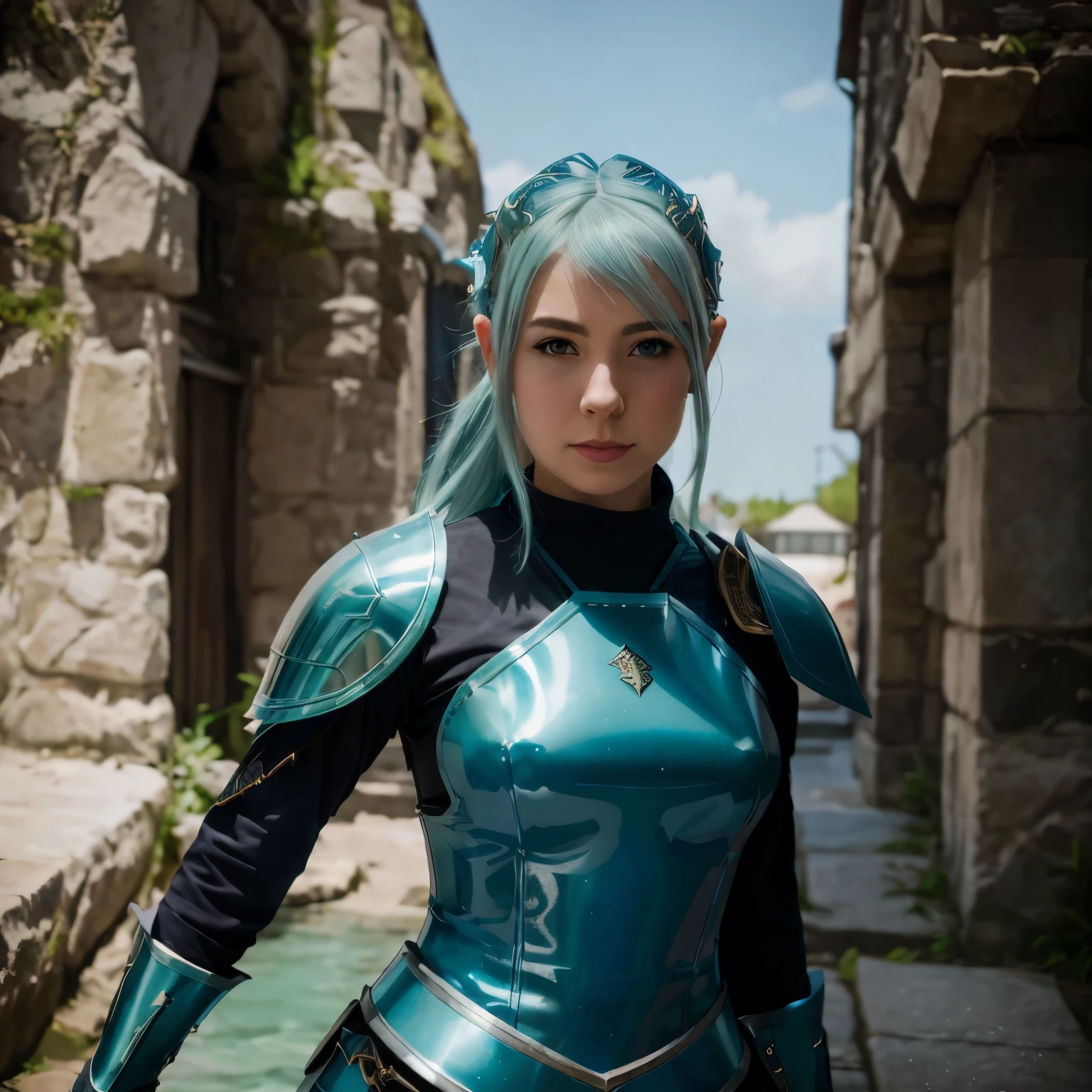 there is a woman in a blue and black outfit posing for a picture, cosplay photo, professional cosplay, pvc armor, pale blue armor, shiny plastic armor, dragon inspired blue armor, portrait knights of zodiac girl, girl in knight armor, fantasy character photo, blue leather armor, armor girl, wearing shiny breastplate, blue armor, samira from league of legends